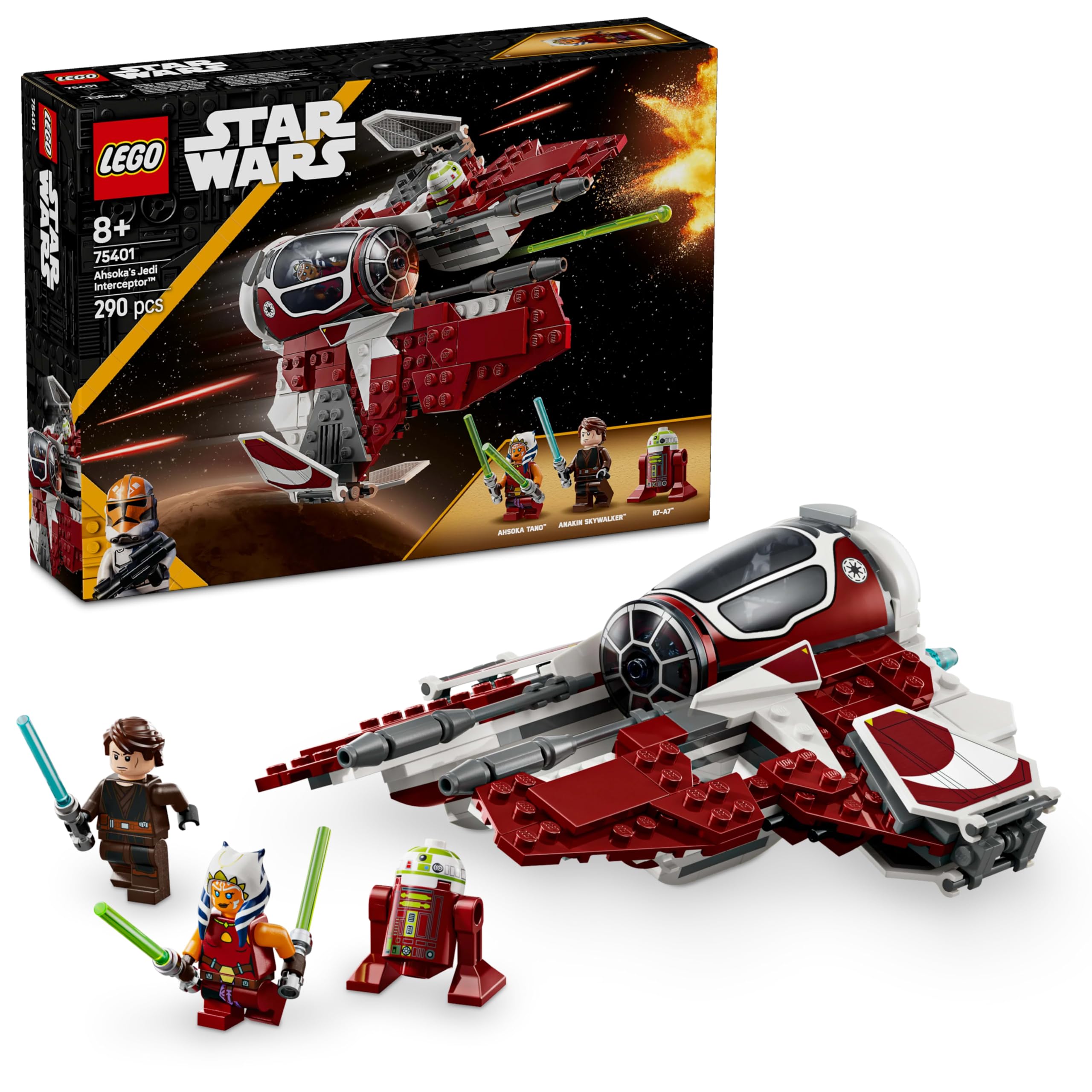 LEGO Star Wars 75401 Ahsoka's Jedi Interceptor، ستاره جنگنده برای طرفداران جنگ های کلون، مینی فیگورهای Ahsoka Tano و Anakin Skywalker، با شمشیرهای نور و R7-A7، برای پسران و دختران 8 سال به بالا