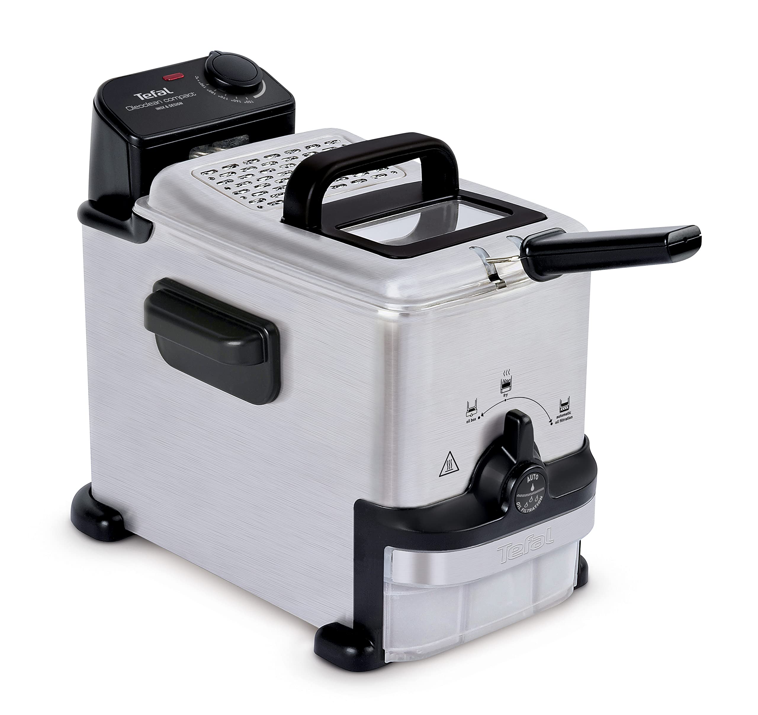 سرخ کن تفال FR7016 Oleoclean Compact Electric Deep Fryer | ظرفیت روغن 2 لیتر | فیلتراسیون روغن اتوماتیک | قطعات قابل شستشو در ماشین ظرفشویی | پنجره مشاهده | دمای قابل تنظیم | مشکی/استنلس استیل 2 لیتری | 800 گرم