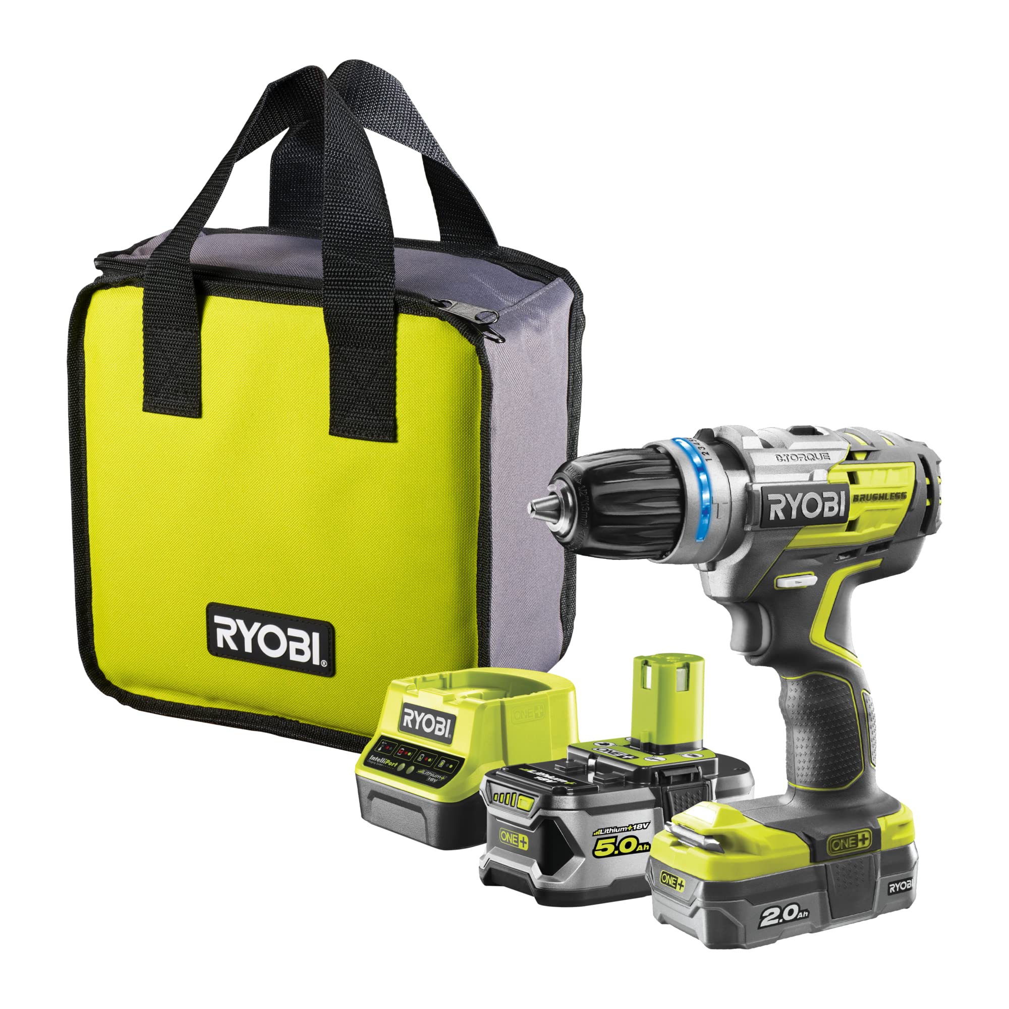 دریل ضربه ای بی سیم RYOBI 18 V ONE+ براشلس R18PDBL-252S (2 سرعته، حداکثر گشتاور 60 نیوتن متر، عملکرد خاموش کردن گشتاور الکترونیکی، چاک مته 13 میلی متری، شامل باتری 5.0 و 2.0 Ah و شارژر در کیف ابزار)