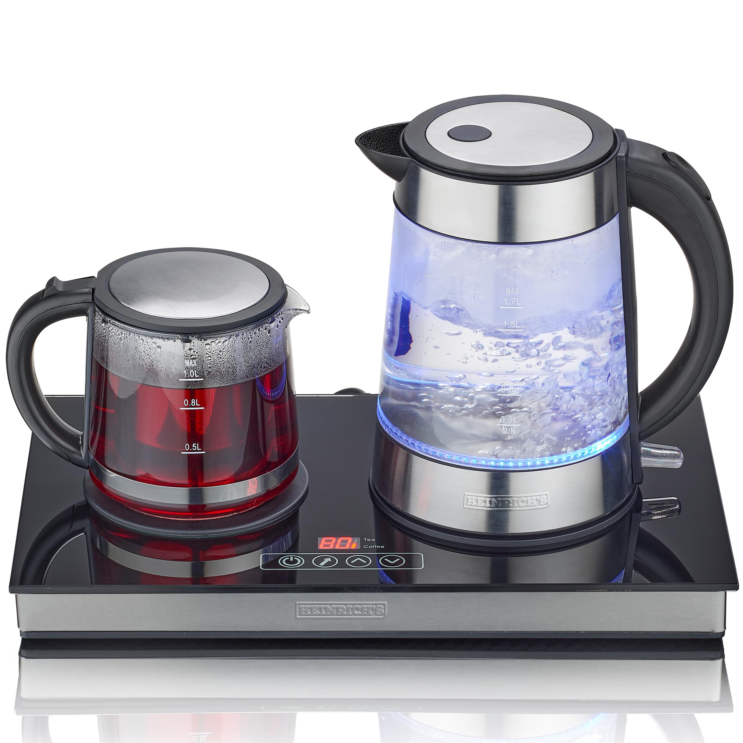 چای‌ساز HEINRICH، چای‌ساز و قهوه‌ساز، کتری ۱.۷ لیتری و قوری ۱ لیتری با فیلتر استیل ضد زنگ، پایه با نمایشگر LED و حسگر لمسی، روشنایی LED، صفحه گرم‌کن، ۲۲۰۰ وات HEINRICH'S