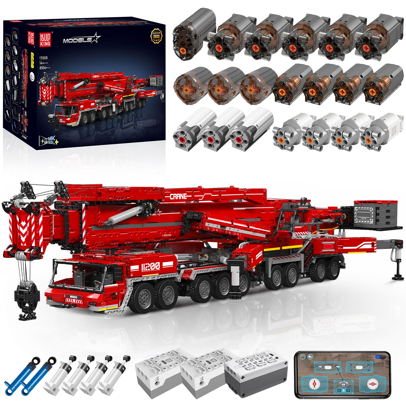 Mold King 17008 Technic for Liebherr LTM 11200 Crawler Crane, مدل خودروی ساخت و ساز با کنترل از راه دور با برنامه، کیت مدل جرثقیل با سیستم وینچ و بوم Luffing، اسباب بازی کریسمس