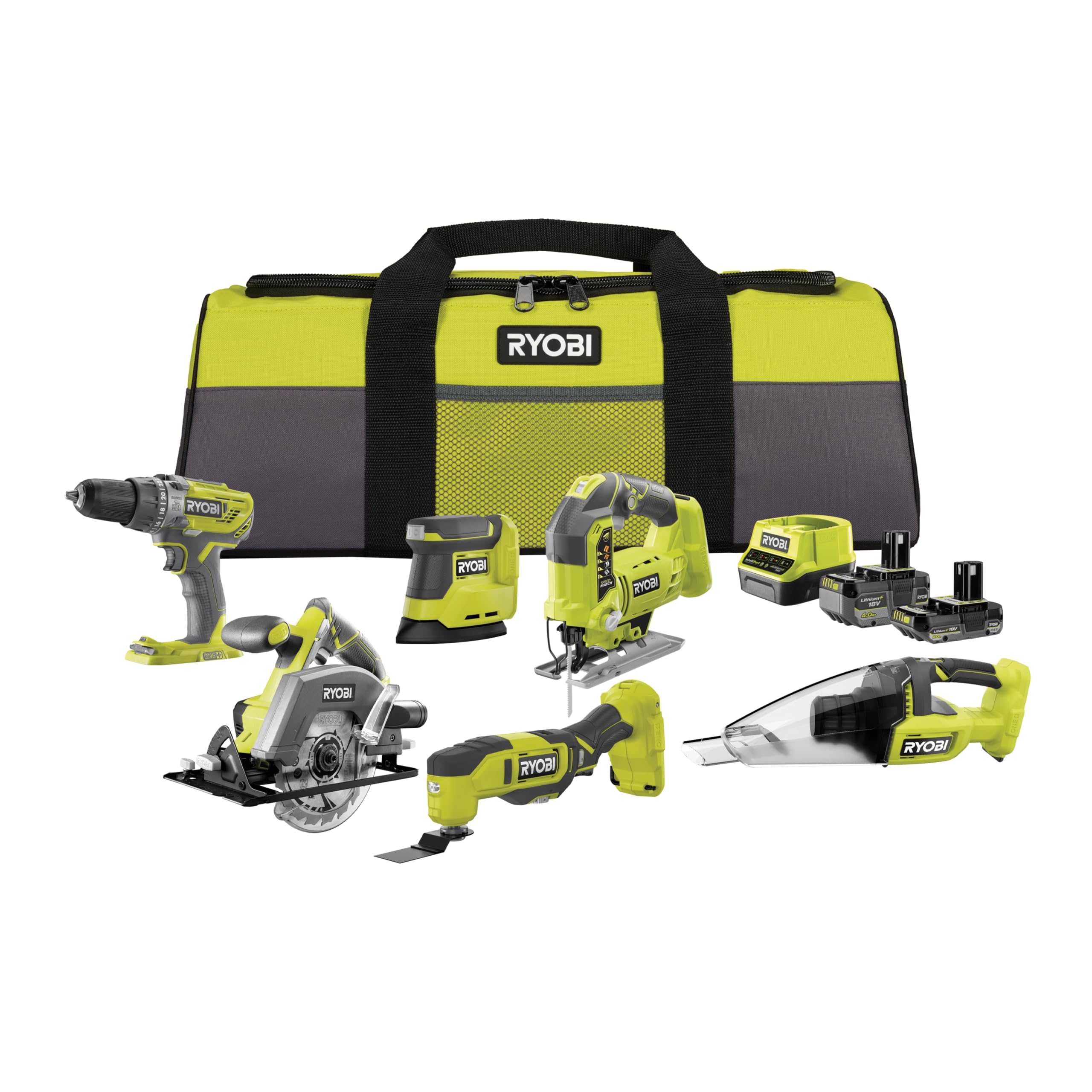 RYOBI 18 V ONE + 10 تیکه کیت ترکیبی شارژی RCK186O-242SZL، مته ضربه ای، اره منبت کاری اره مویی، اره مدور، چند ابزار، سنباده لرزشی، جاروبرقی دستی، باتری 2x (4.0Ah و 2.0Ah)، شارژر، کیف ابزار