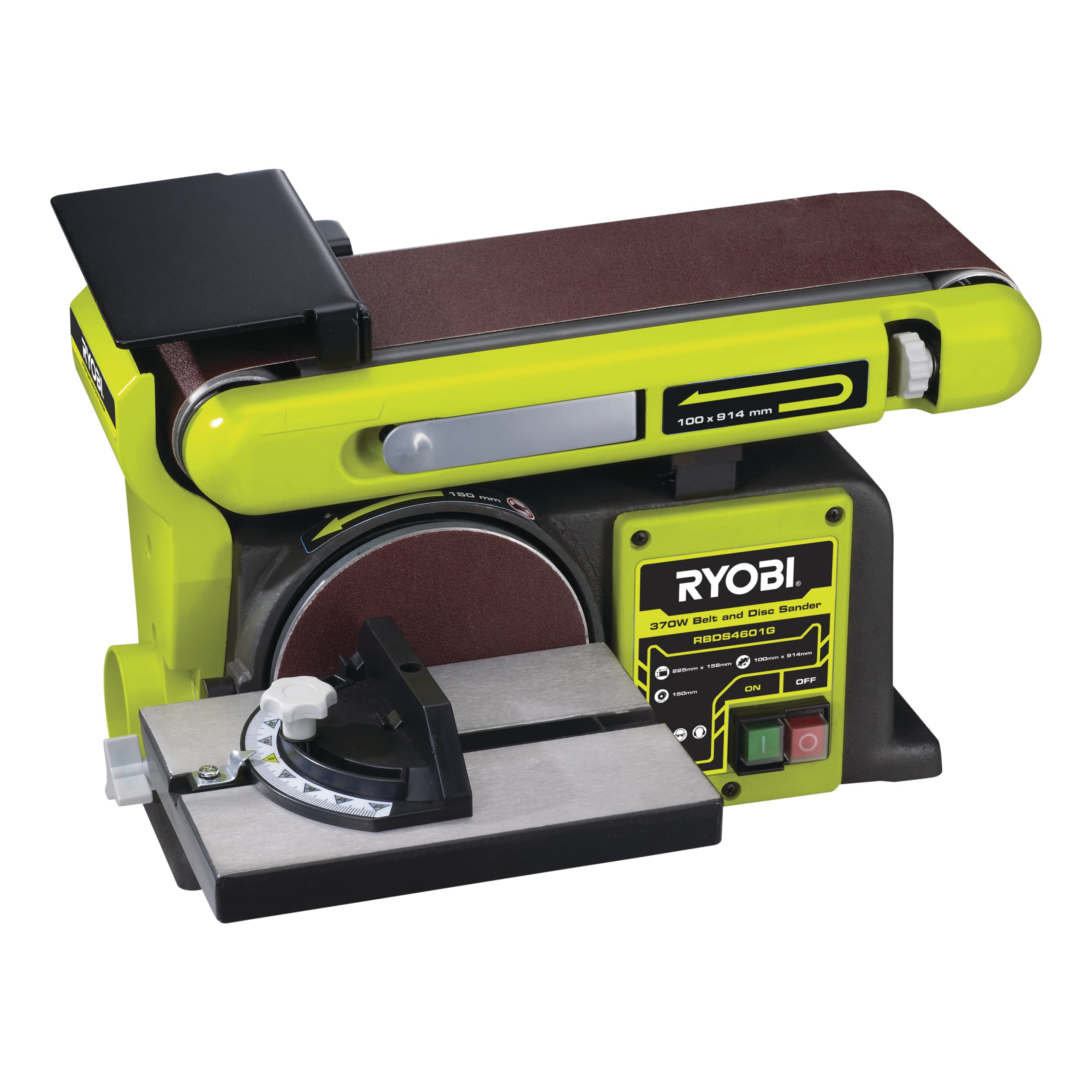 تسمه سنباده ایستاده RYOBI 370 W (سرعت بیکار 2850 دقیقه-1، زاویه 0 یا 90 درجه، دیسک سنباده 150 میلی متر، طول تسمه سنباده 100 x 914 میلی متر)