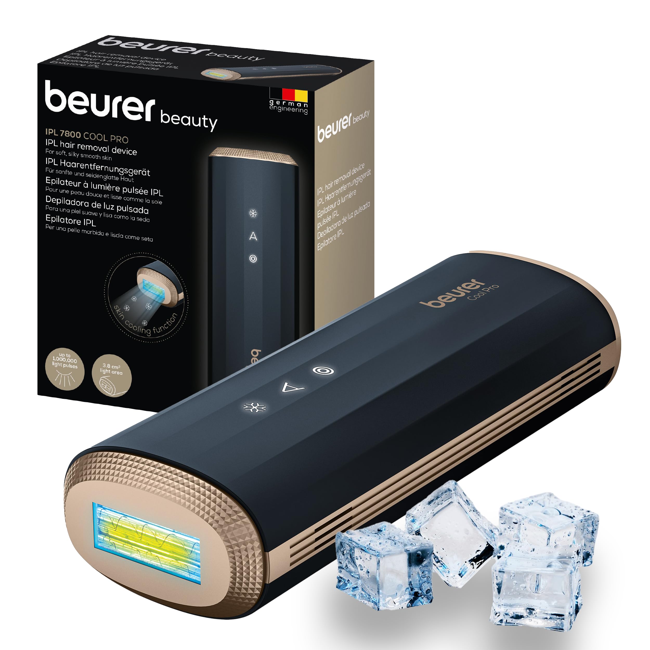 دستگاه رفع موهای زائد بیورر مدل IPL 7800 COOL PRO با فناوری خنک‌کننده، 5 سطح شدت، تا 1 میلیون پالس نوری، برای دست‌ها، پاها، صورت، خط بیکینی و زیر بغل، مناسب برای آقایان و خانم‌ها