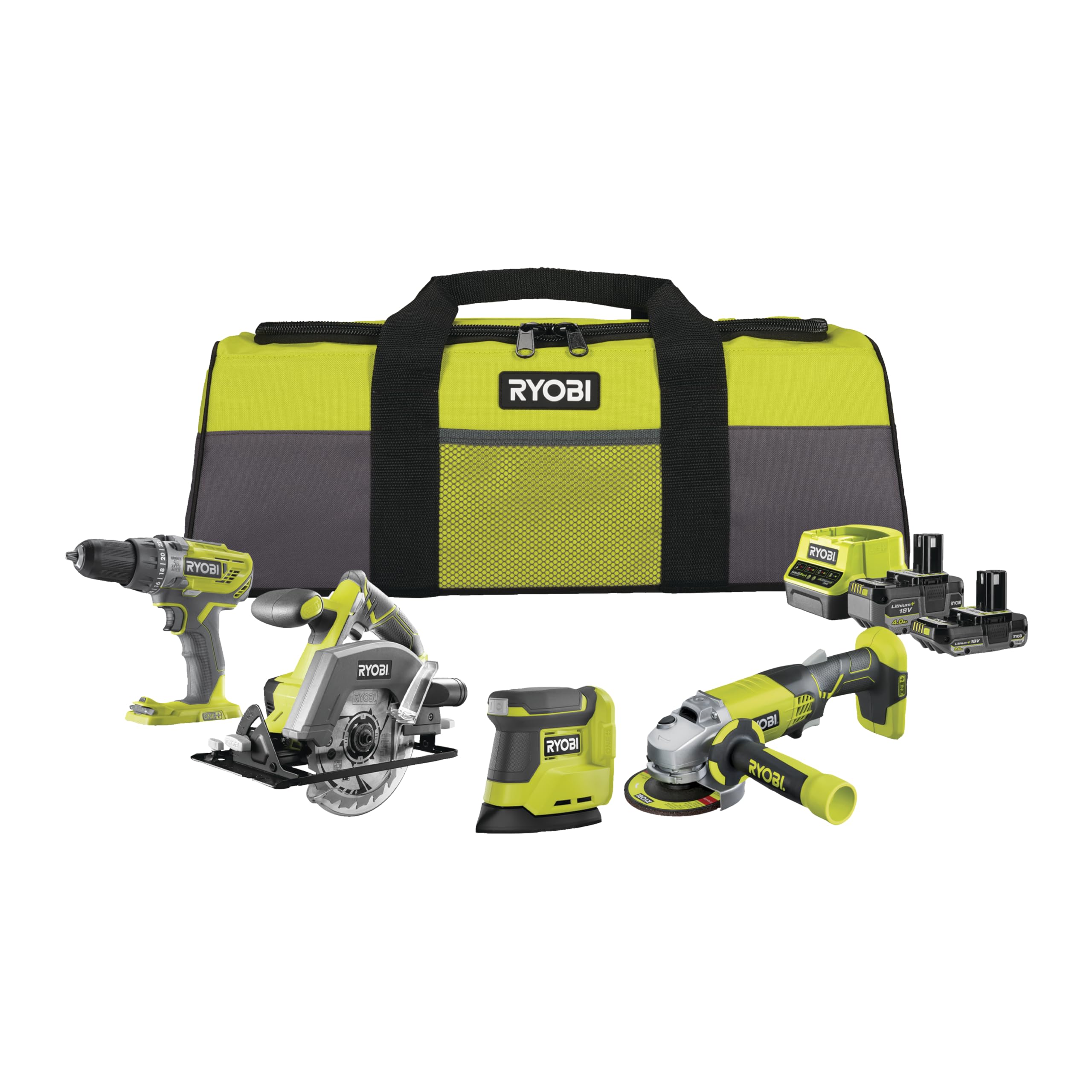 RYOBI 18V ONE+ 8 تیکه کیت ترکیبی شارژی RCK184O-242SZL، مته ضربه ای، آسیاب زاویه ای، اره مدور دستی، سنباده لرزشی دلتا، باتری 2x (4.0Ah و 2.0Ah)، شارژر، کیف ابزار