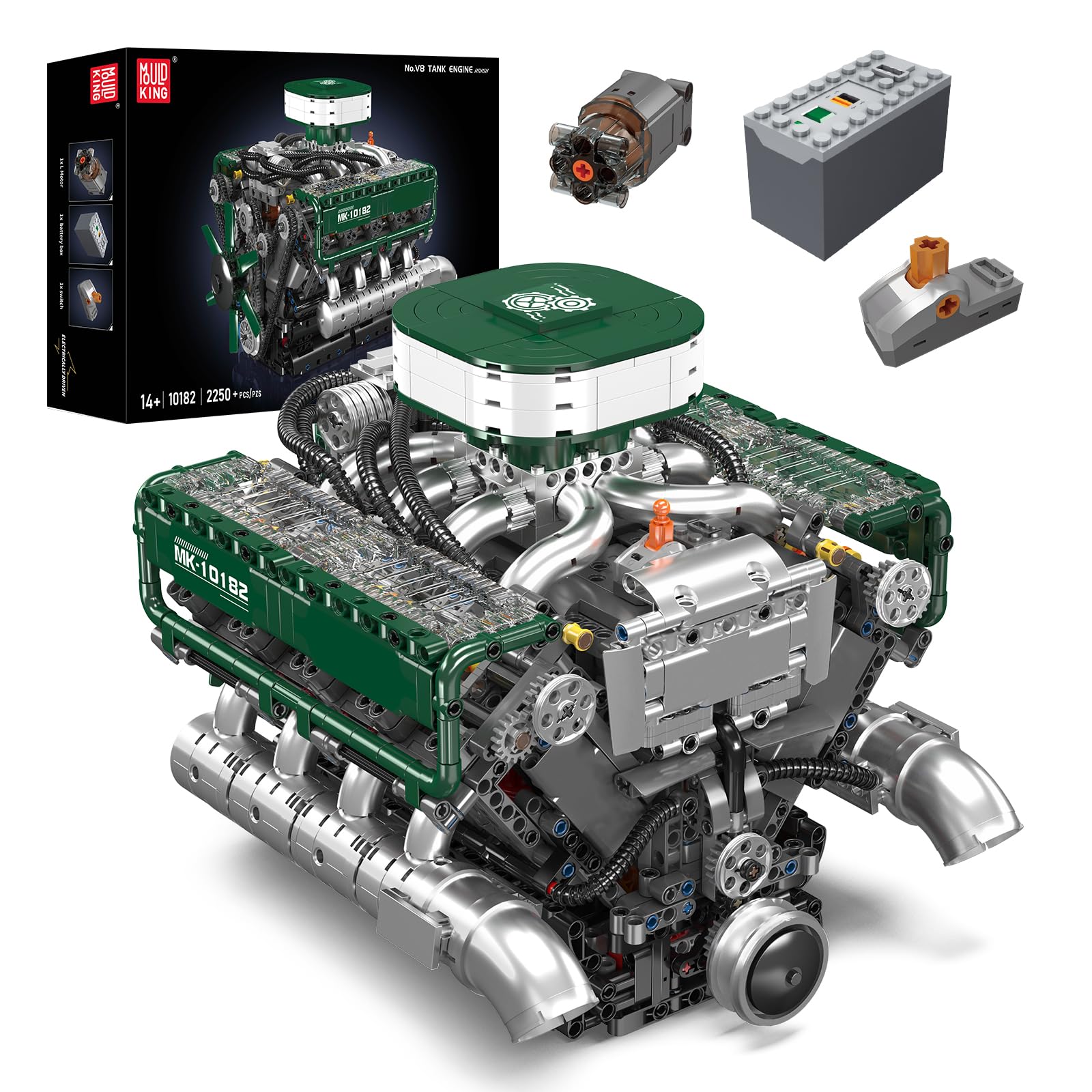 Mold King 10182 Technic V8 engine, 2250 Pieces High-Tech Twin Turbo Engine شامل و جعبه باتری بلوک های ساختمانی مجموعه ساختمانی، هدایایی برای کودکان 8 سال به بالا/ کلکسیونرهای بزرگسال مشتاقان
