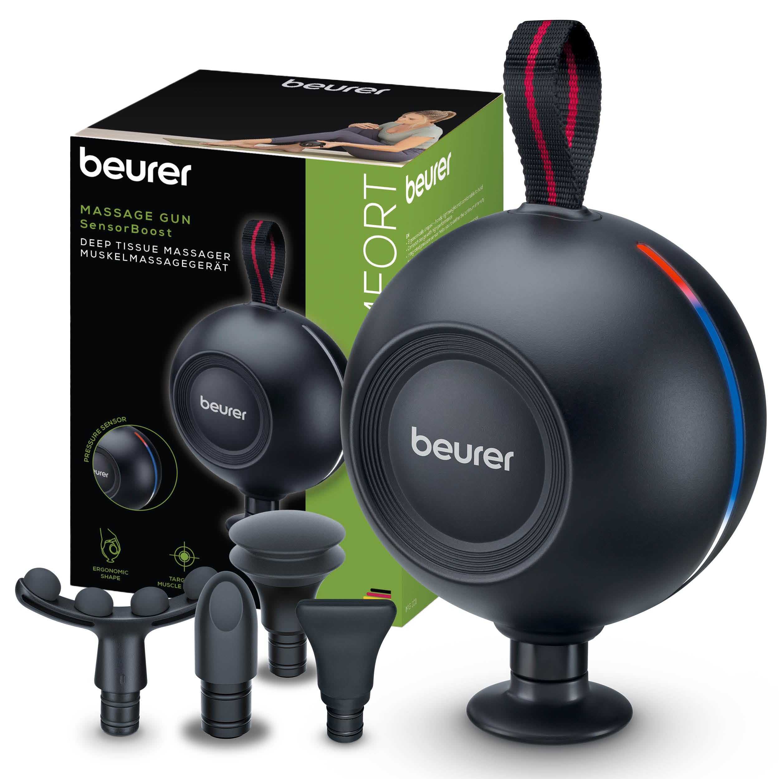 تفنگ ماساژ سنسوربوست بیورر MG 101، طراحی ارگونومیک و جمع و جور، ماساژ نقاط ماشه‌ای بی‌صدا و قدرتمند برای آرامش و بازسازی، ماساژور عضلات با سنسور فشار، 5 ضمیمه ارگونومیک