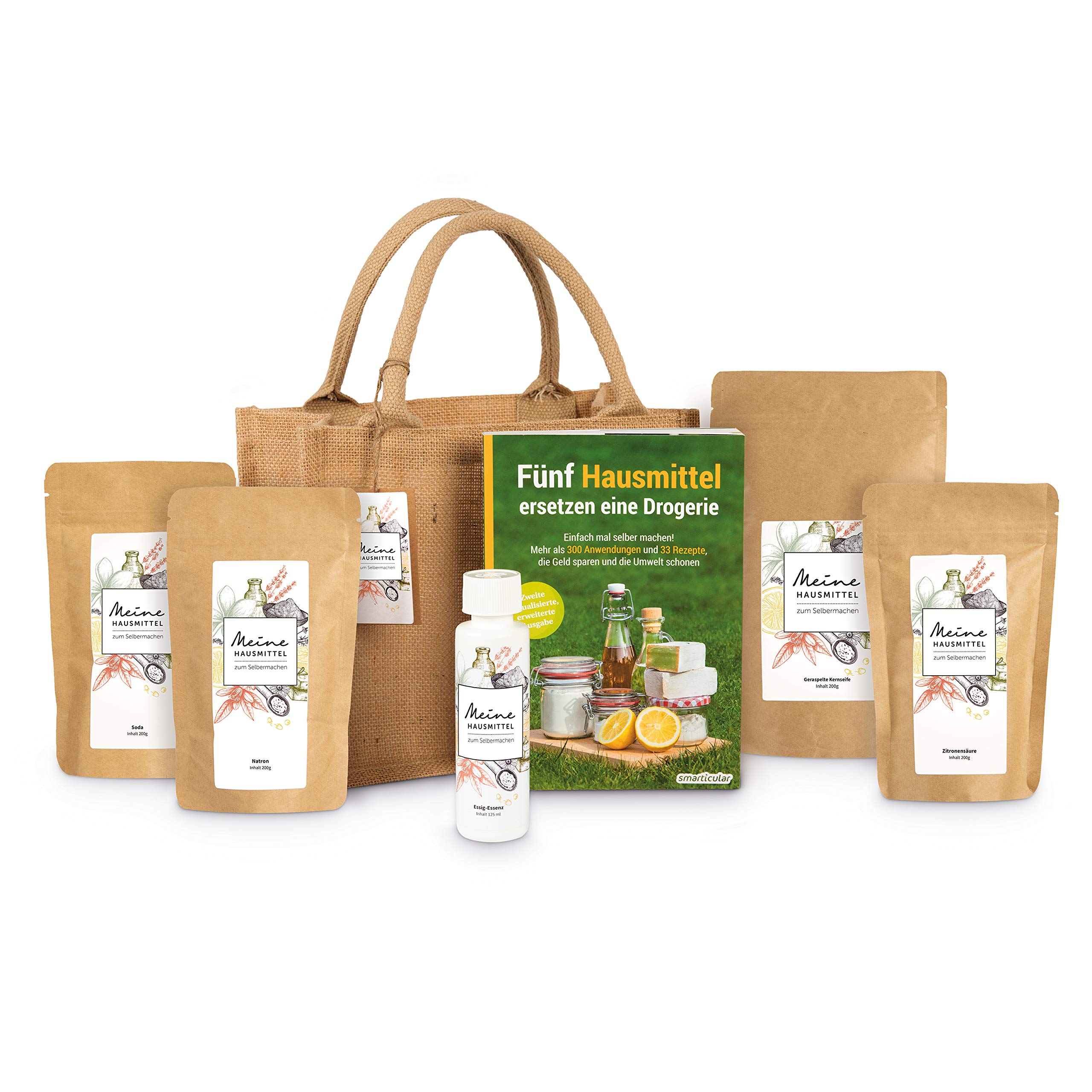 مجموعه هدیه HANSE PRO درمان‌های خانگی خانگی من I جوش شیرین I سودا I سرکه I اسید سیتریک I صابون کشک I هدایای پایدار I با کیف کنفی کاربردی (با کتاب) مجموعه هدیه با کتاب