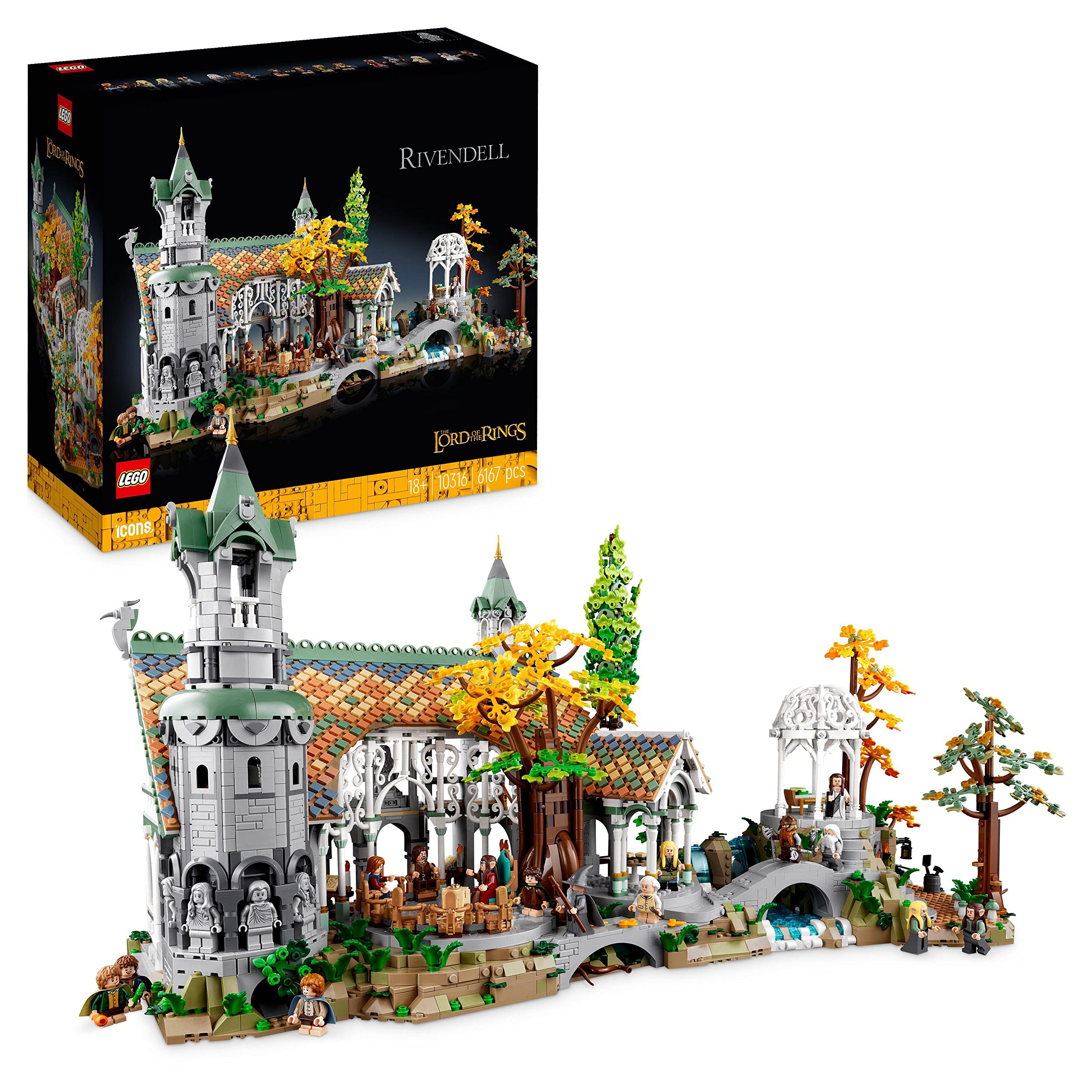 LEGO Icons The Lord of the Rings: Rivendell - مجموعه نمایشگر و کلکسیونی برای بزرگسالان با 15 مینی فیگور منحصر به فرد از جمله گندالف، لگولاس، آراگورن و فرودو، منحصراً در آمازون - 10316