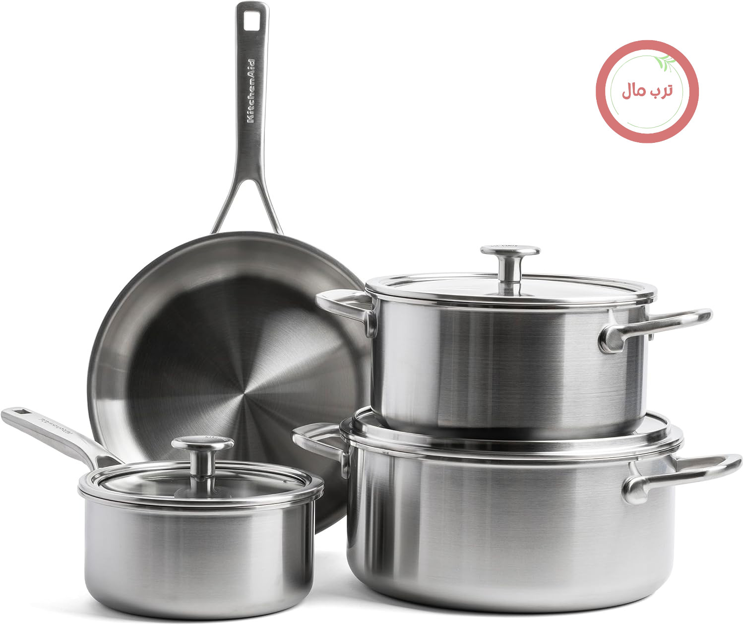 سرویس قابلمه استیل ضد زنگ 7 تکه KitchenAid MultiPly 3PLY بدون PFAS، شامل ماهیتابه، قابلمه، قابلمه، سه لایه، چند جداره، سازگار با اجاق القایی، قابل استفاده در فر تا دمای 220 درجه سانتیگراد، قابل شستشو در ماشین ظرفشویی، نقره‌ای