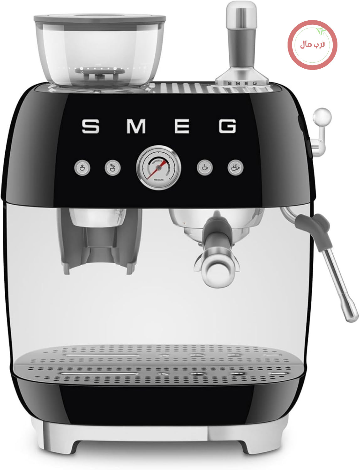 دستگاه اسپرسوساز دستی Smeg، مدل EGF03BLEU، دارای آسیاب قهوه داخلی، ترموبلاک، ۴ حالت تنظیم دما، نازل بخار و فشارسنج، مخزن ۱ لیتری، اندازه جمع و جور، ۱۳۵۰ وات، مشکی