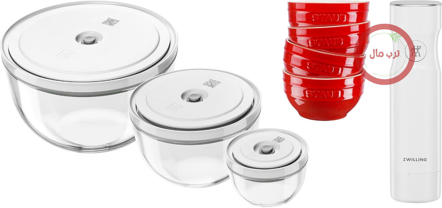 پمپ خلاء و کاسه‌ وکیوم زولینگ ZWILLING Fresh & Save، 11 قطعه، شیشه‌ای (12، 18، 24 سانتی‌متر)، سرامیکی 4x (12 سانتی‌متر)، پمپ خلاء