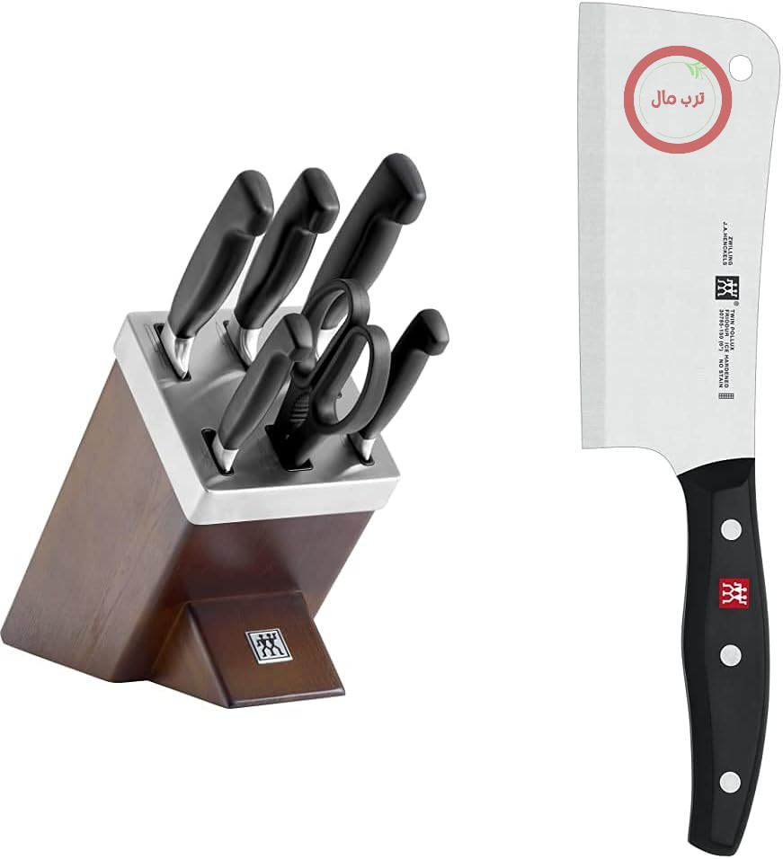 ست بلوک چاقو زولینگ خود تیز شونده ZWILLING، 7 تکه، بلوک چوبی، چاقوها، قیچی و ساطور، طول تیغه: 15 سانتی متر، تیغه پهن، دسته استیل/پلاستیکی ضد زنگ، دوقلوی پولوکس