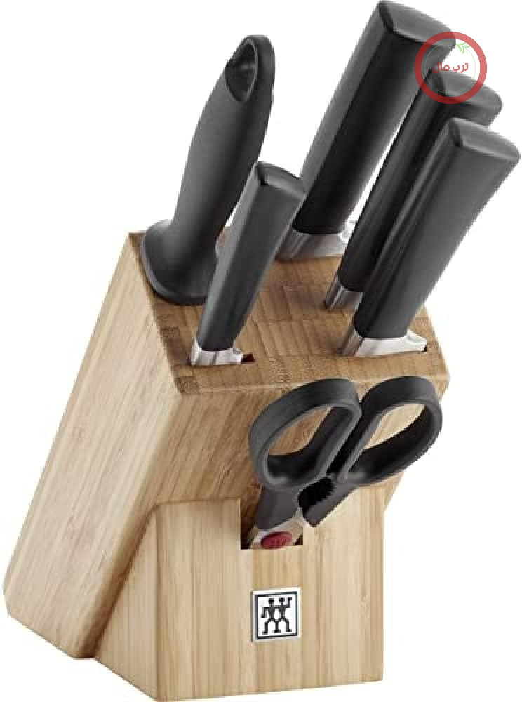 ZWILLING بلوک چاقو زولینگ مجموعه 7 تکه، بلوک بامبو، چاقوها، میله تیزکن و قیچی ساخته شده از دسته مخصوص استیل ضد زنگ/پلاستیکی