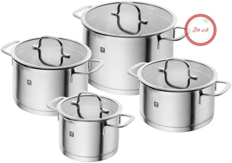 سرویس قابلمه 4 تکه ZWILLING TrueFlow با درب شیشه‌ای، مناسب برای اجاق گازهای القایی، بدون روکش، استیل ضد زنگ، روکش مات، نقره‌ای
