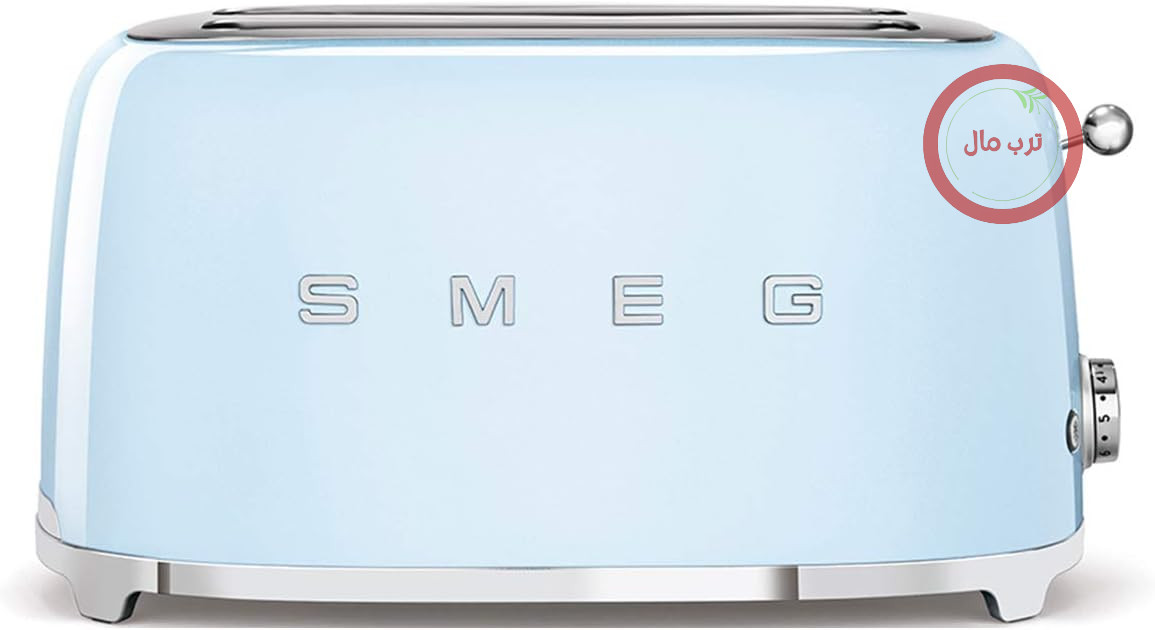 توستر Smeg 2x4 TSF02PBEU، 2 جایگاه برای 4 برش نان، 6 سطح برشته کردن، عملکرد گرمایش، عملکرد یخ‌زدایی و پخت نان شیرینی حلقوی، کشوی نگهداری، 1500 وات، آبی پاستلی
