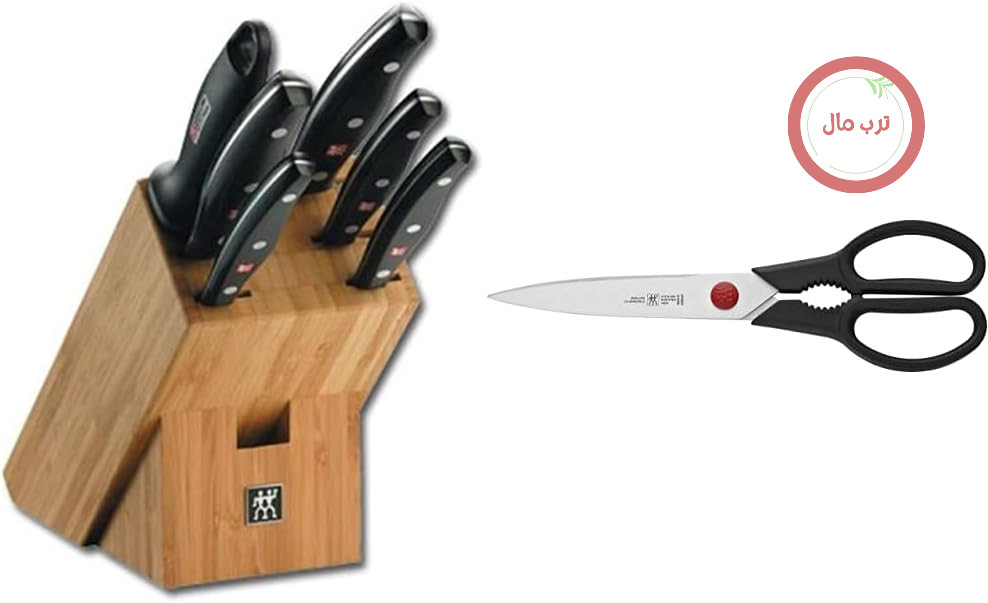 ست چاقوی زولینگ ZWILLING، مجموعه 7 تکه، دسته بامبو، چاقوهای ساخته شده از استیل ضد زنگ/دسته پلاستیکی مخصوص، قیچی دوقلو Pollux و چند منظوره، قیچی جهانی، طول: 23 سانتی متر، استیل ضد زنگ/پلاستیک مخصوص، دوقلو L