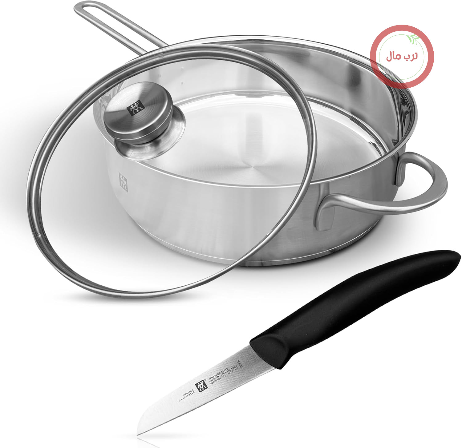ماهیتابه القایی Zwilling TwinNova3 با درب ۲۴ سانتی‌متر + چاقوی سبزیجات ۸ سانتی‌متر، مجموعه ۳ تکه، ماهیتابه بدون روکش، دیواره‌های بلند، قابل شستشو در ماشین ظرفشویی، مناسب برای انواع اجاق گاز، نقره‌ای