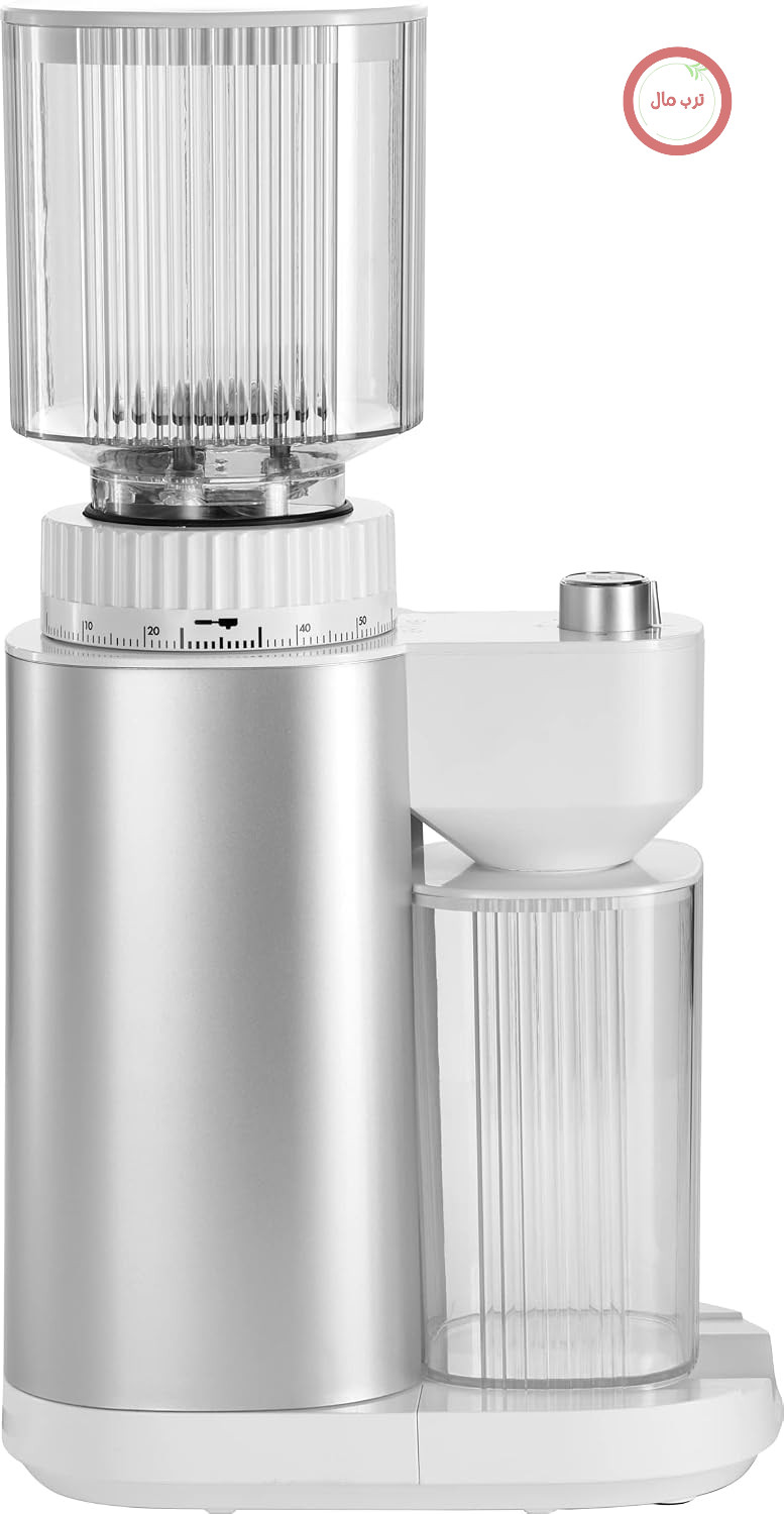 آسیاب قهوه زولینگ ZWILLING ENFINIGY برای ۱ تا ۱۲ فنجان، آسیاب قهوه برقی با تیغه مخروطی حفظ کننده عطر و درجه آسیاب قابل تنظیم، نقره‌ای