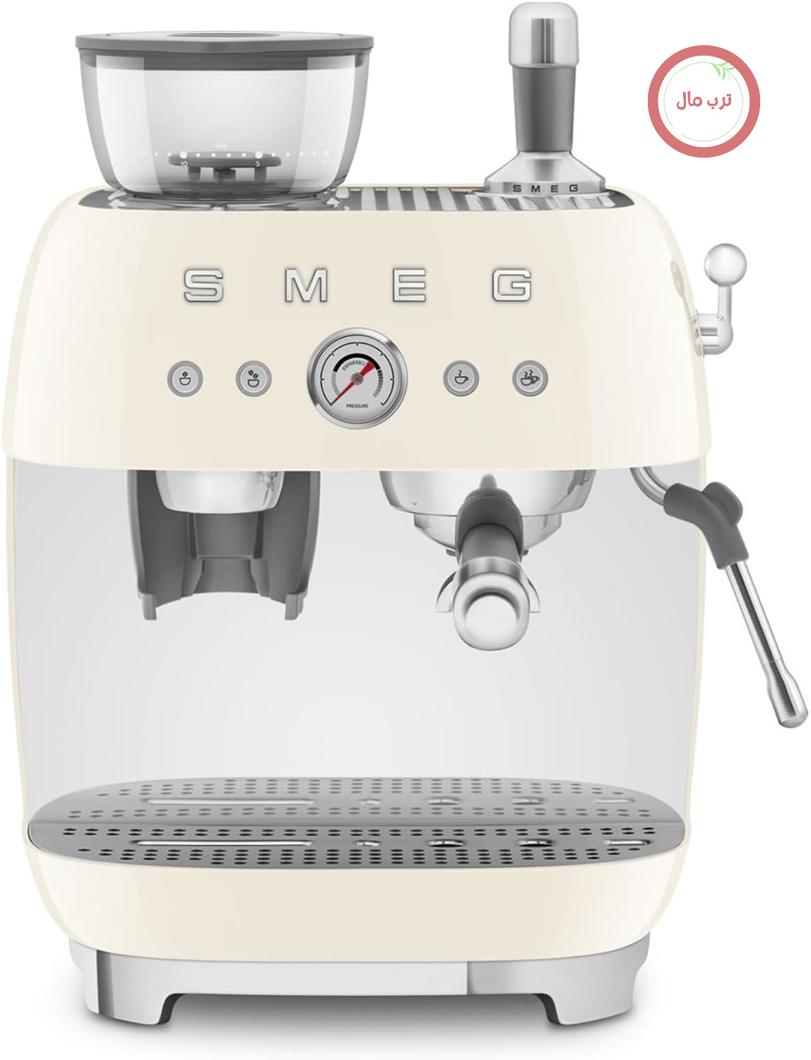 دستگاه اسپرسوساز دستی Smeg، مدل EGF03CREU، دارای آسیاب قهوه داخلی، ترموبلاک، ۴ حالت تنظیم دما، نازل بخار و فشارسنج، مخزن ۱ لیتری، اندازه جمع و جور، ۱۳۵۰ وات، خامه