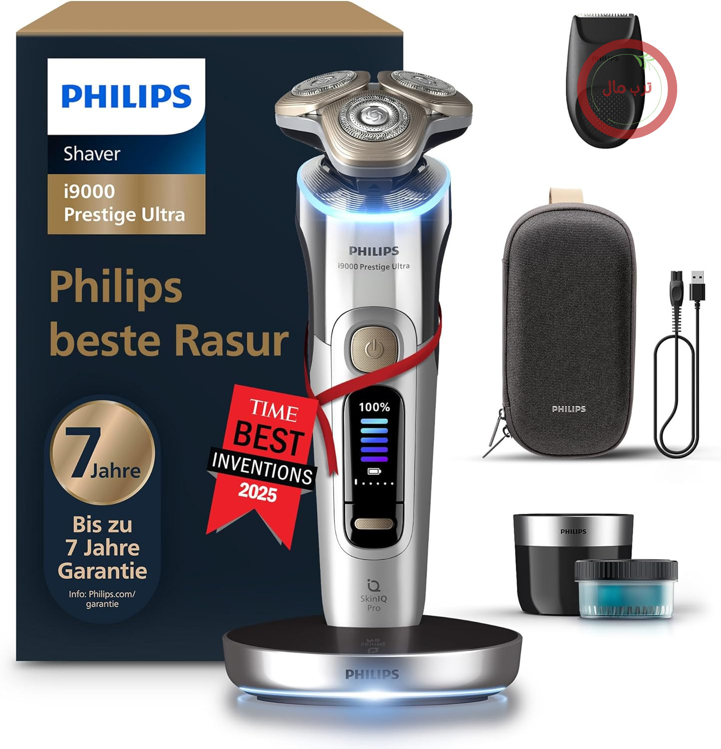 ریش تراش برقی Philips i9000 Prestige Ultra، ریش تراش خشک و مرطوب مردانه، کروم، سنسور فشار و حرکت، اتصال ماشین اصلاح، پایه تمیز کردن، پایه شارژ و کیف مسافرتی (XP9404/31)