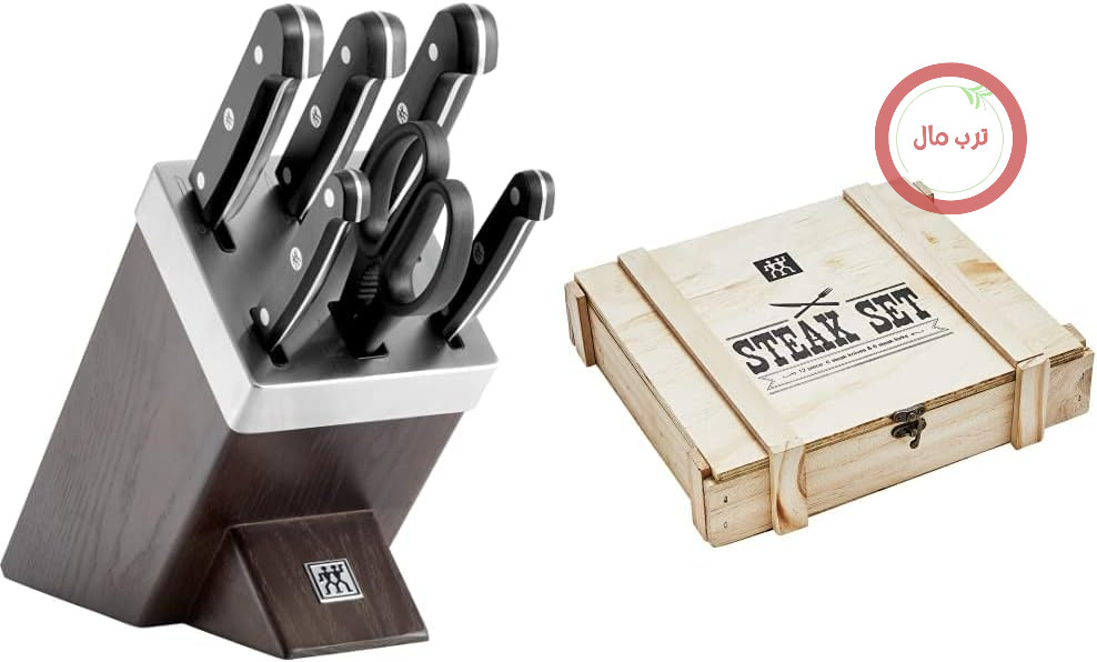 ZWILLING بلوک چاقو خود تیز شونده، 7 تکه زولینگ بلوک چوبی، Gourmet & 07150-359-0 سرویس کارد و چنگال استیک در جعبه چوبی روستیک، استیل ضد زنگ، 12 تکه