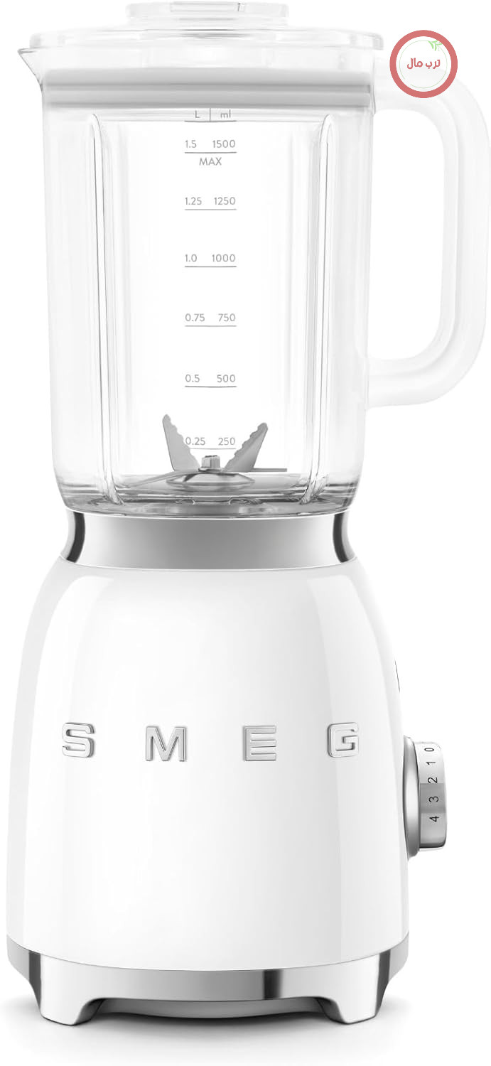 مخلوط کن Smeg، مدل BLF03WHEU، حجم ۱.۵ لیتر، ۴ حالت سرعت، ۴ برنامه اتوماتیک، تیغه دوتایی قابل جدا شدن، درب شفاف با درب پیمانه، ضد لغزش، ۸۰۰ وات، سفید
