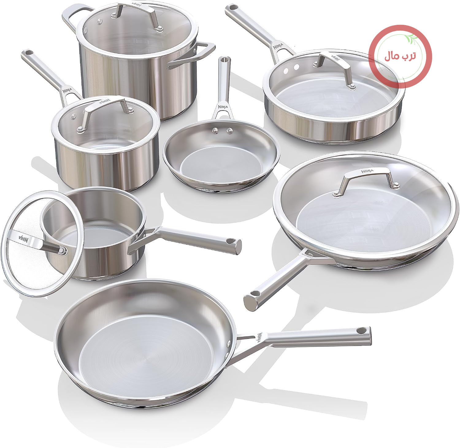 سرویس قابلمه و تابه استیل ضد زنگ Ninja EverClad C99012، ۱۲ پارچه، مناسب برای انواع اجاق گاز و اجاق گازهای القایی، قابل استفاده در فر تا دمای ۳۱۵ درجه سانتیگراد، سه لایه، کیفیت استاندارد، ۱۲ پارچه