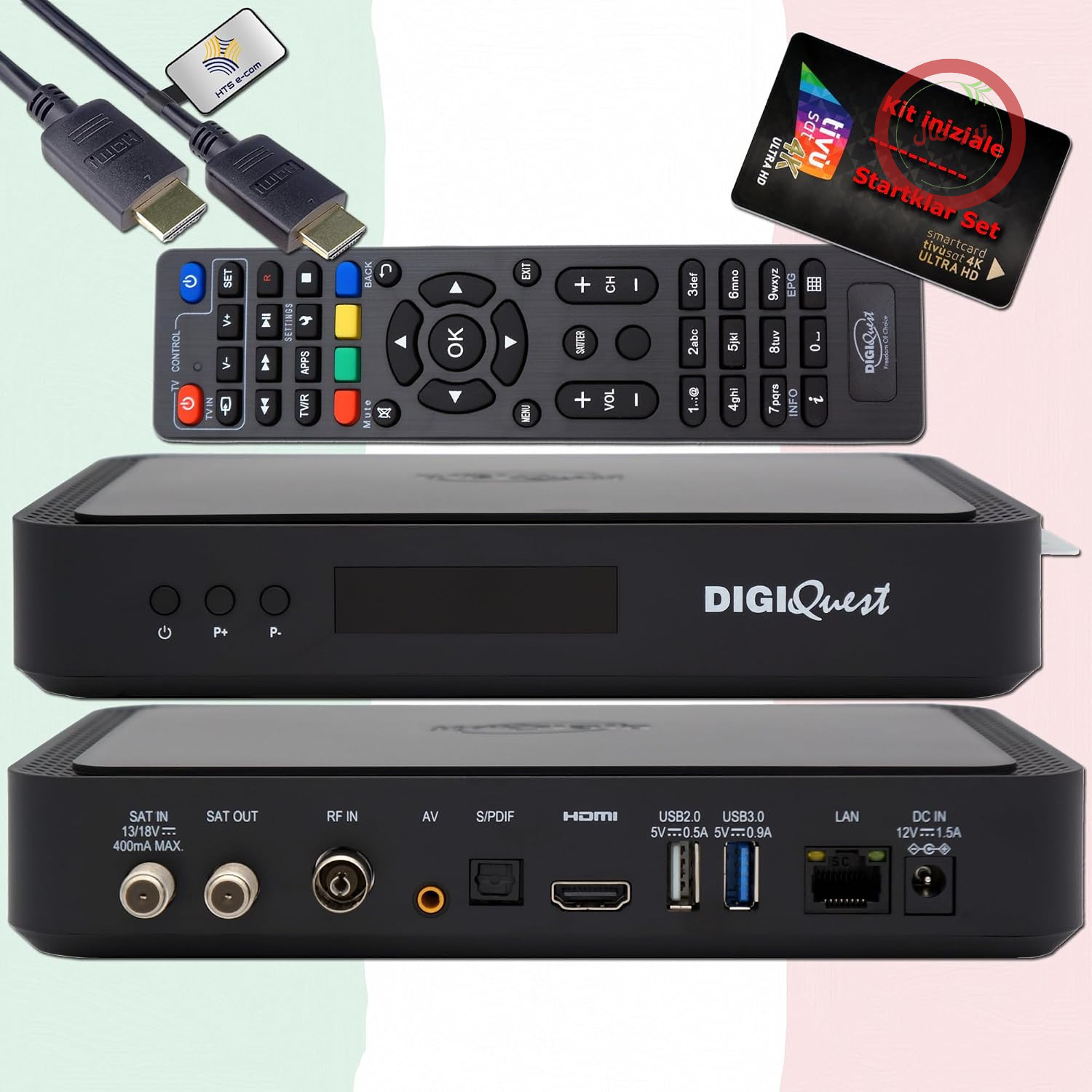 گیرنده ماهواره‌ای DigiQuest Q99 4K، کارت TivùSat Black فعال، HTS eCom HDMI