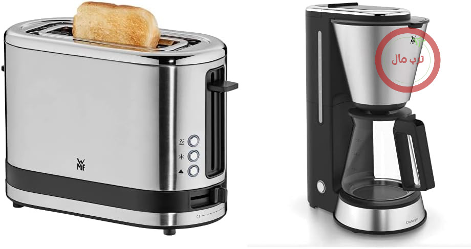 دستگاه قهوه ساز WMF مدل Minis Aroma Filter با قوری شیشه‌ای، قهوه فیلتری، ۵ فنجان، ۷۶۰ وات و توستر مینی کوچک Küchen با ۱ برش، شیار بلند، نان تست خیلی بزرگ، گرمکن نان، ۷ سطح برشته شدن، محافظت در برابر گرمای بیش از حد