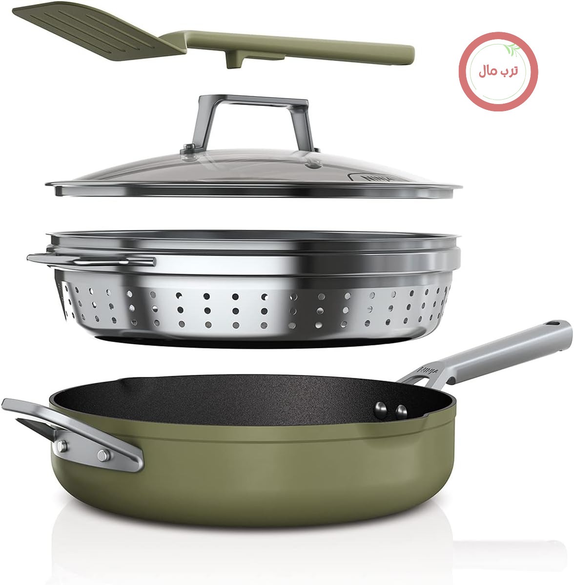 ماهیتابه بخار پز نینجا آمریکا ۹ کاره Ninja Foodi مدل PossiblePan [CW102GNUK] با فناوری ZEROSTICK، بخارپز/سیفون و کفگیر یکپارچه، نچسب، سازگار با دستگاه القایی، قابل شستشو در ماشین ظرفشویی، رنگ سبز زیتونی