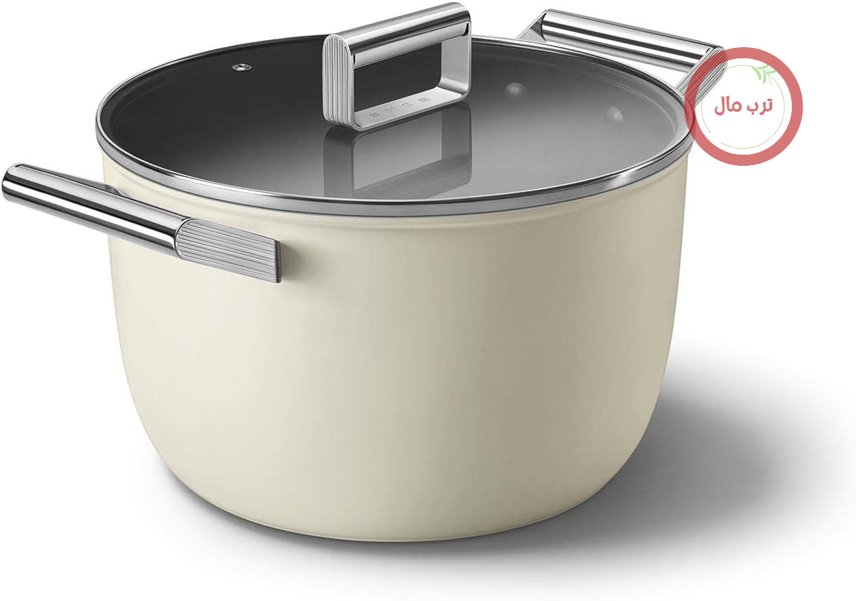 ماهیتابه نچسب اسمگ مدل CKFC2611CRM، قطر 26 سانتی‌متر، دسته‌های جانبی از جنس استیل ضد زنگ، مناسب برای انواع اجاق گاز، قابل استفاده در فر تا دمای 250 درجه سانتی‌گراد، ظرفیت 7.7 لیتر، کرم رنگ