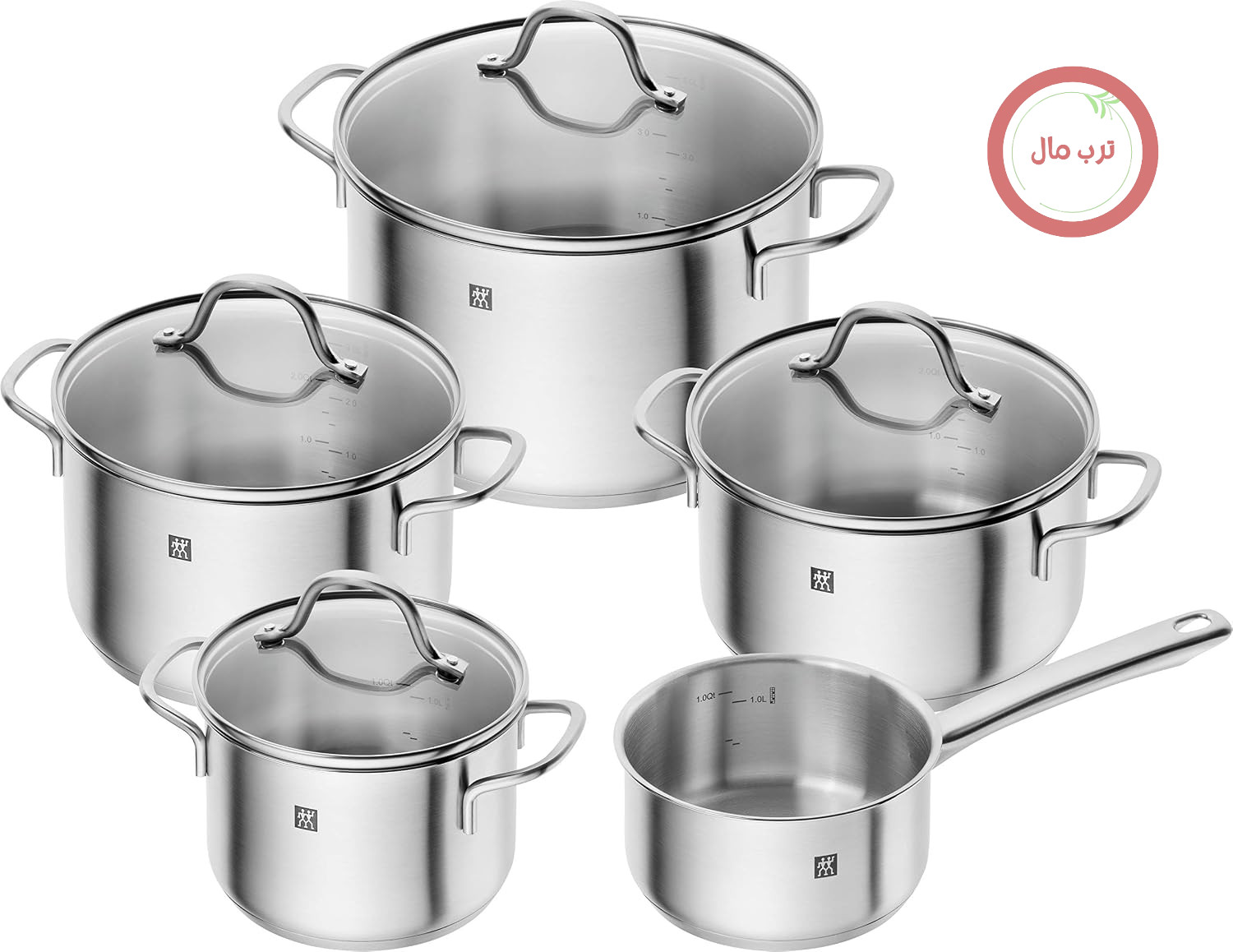 سرویس قابلمه 5 تکه ZWILLING Flow با درب شیشه‌ای، مناسب برای اجاق گازهای القایی، بدون پوشش، استیل ضد زنگ، نقره‌ای