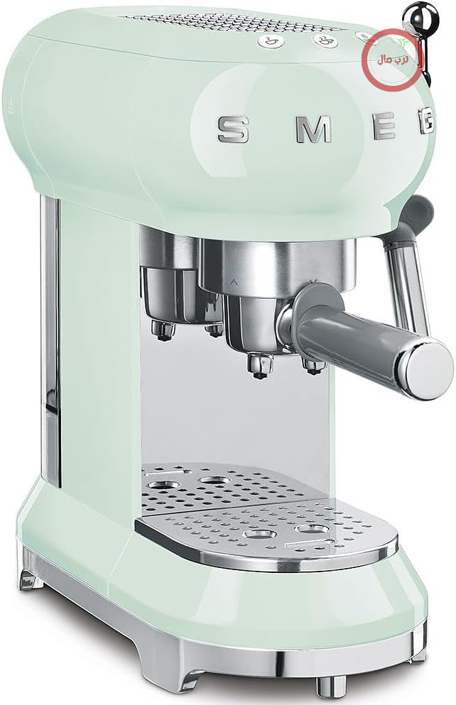 دستگاه اسپرسوساز دستی Smeg مدل ECF01PGEU، سیستم کاپوچینو، ترموبلاک، ظرفیت فنجان بزرگ و عملکرد قهوه دوبل، مخزن آب ۱ لیتری، ابعاد جمع و جور، ۱۳۵۰ وات، رنگ سبز پاستلی