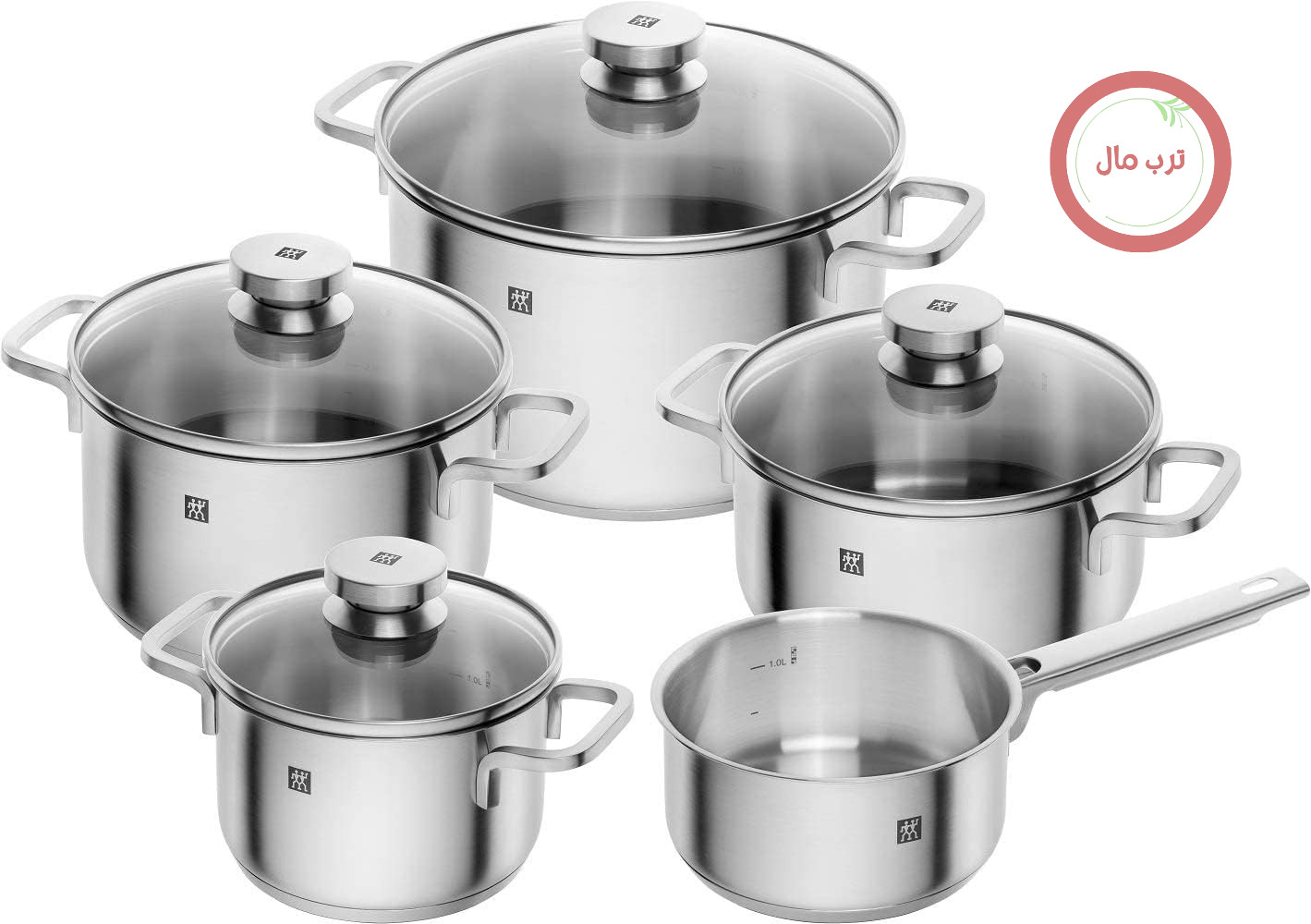 سرویس قابلمه 5 تکه ZWILLING Focus با درب شیشه‌ای، مناسب برای اجاق گازهای القایی، بدون پوشش، استیل ضد زنگ، نقره‌ای