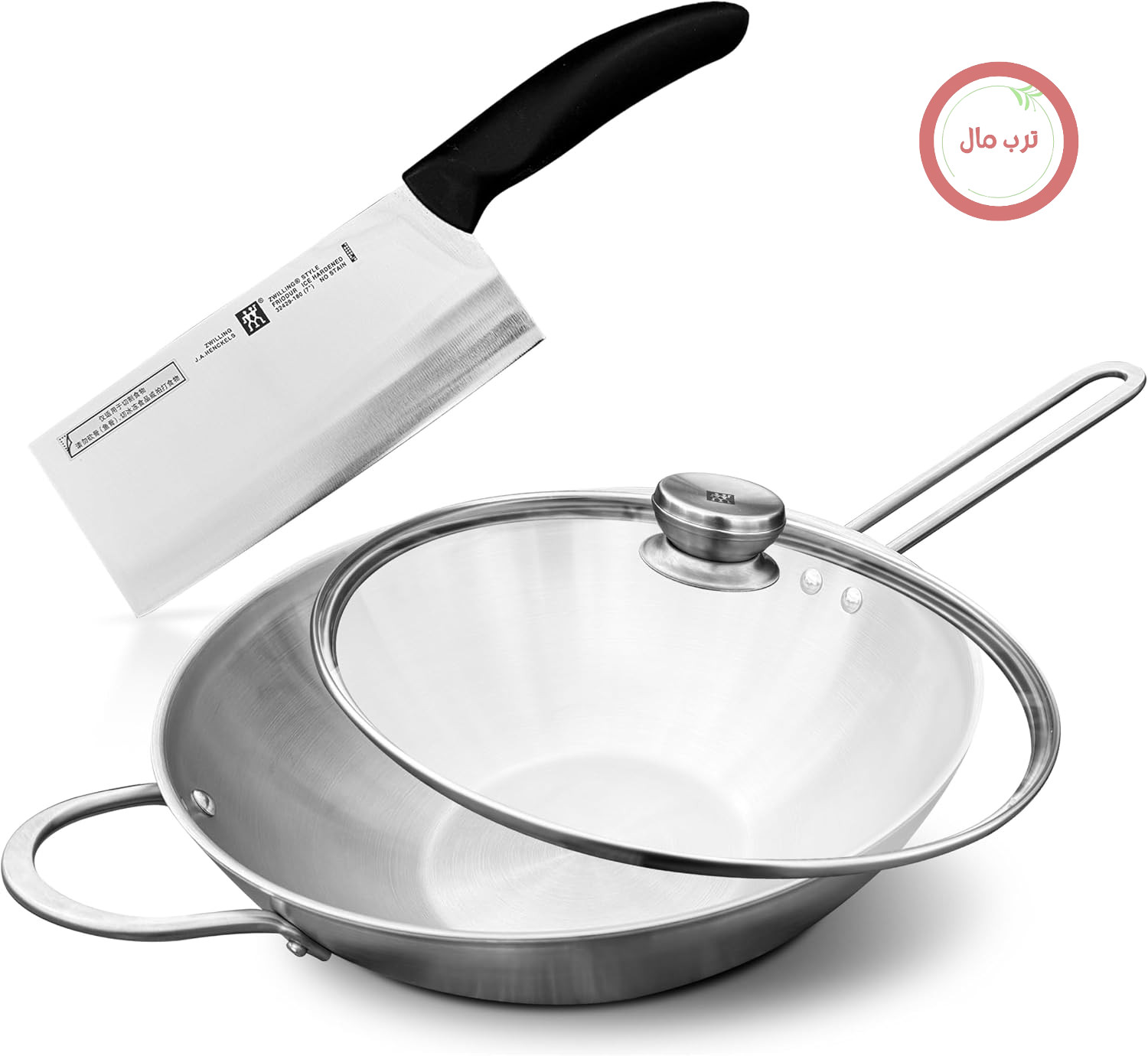 ماهیتابه ووک Zwilling TwinNova3، سازگار با القایی، 30 سانتی‌متر با درب شیشه‌ای + چاقوی سرآشپز چینی، 18 سانتی‌متر، مجموعه 3 تکه، تابه وک بدون روکش، قابل شستشو در ماشین ظرفشویی، دسته ضد لغزش، مناسب برای همه اجاق گازها، نقره‌ای