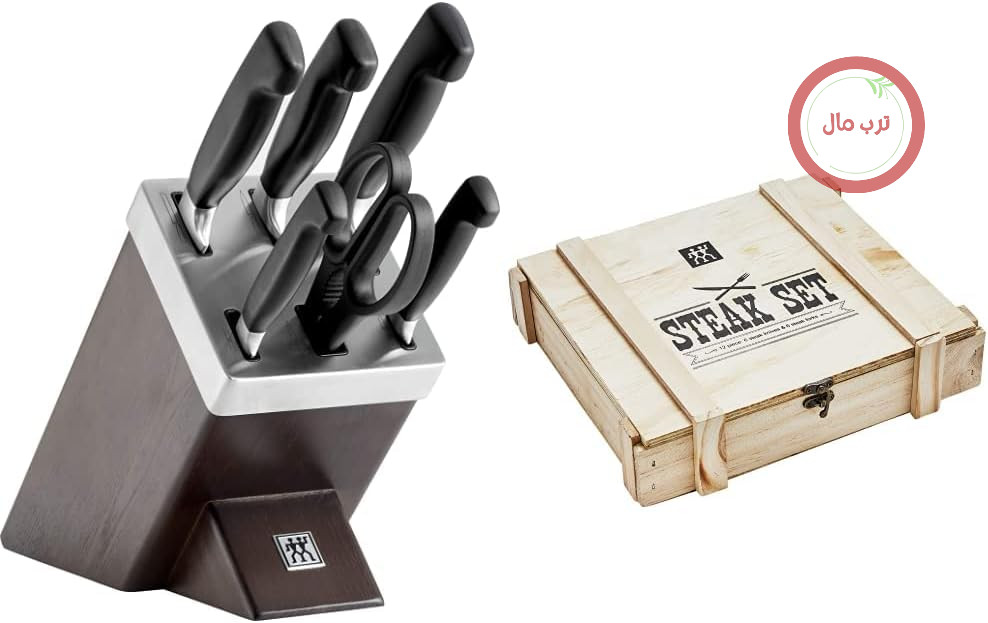 ست چاقوی زولینگ خود تیز شونده ZWILLING، 7 تکه، بلوک چوبی، چاقو و قیچی و 07150-359-0 سرویس کارد و چنگال استیک در جعبه چوبی روستیک، استیل ضد زنگ، 12 تکه