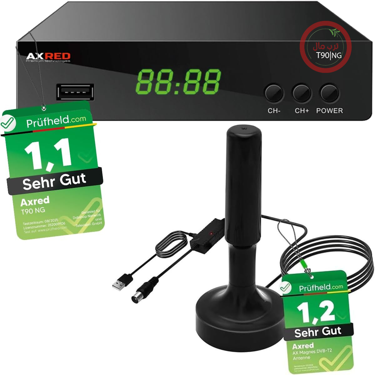 [دو تست خیلی خوب *] گیرنده AXRED T90 HD DVBT2 + آنتن AX Magnes DVB-T/DVB-T2 با تقویت‌کننده 30dBi برای استفاده در داخل/خارج از منزل، با قابلیت ضبط PVR، برای تلویزیون DVB-T2، تلویزیون، رادیو، DVB-T، گیرنده DVB-T