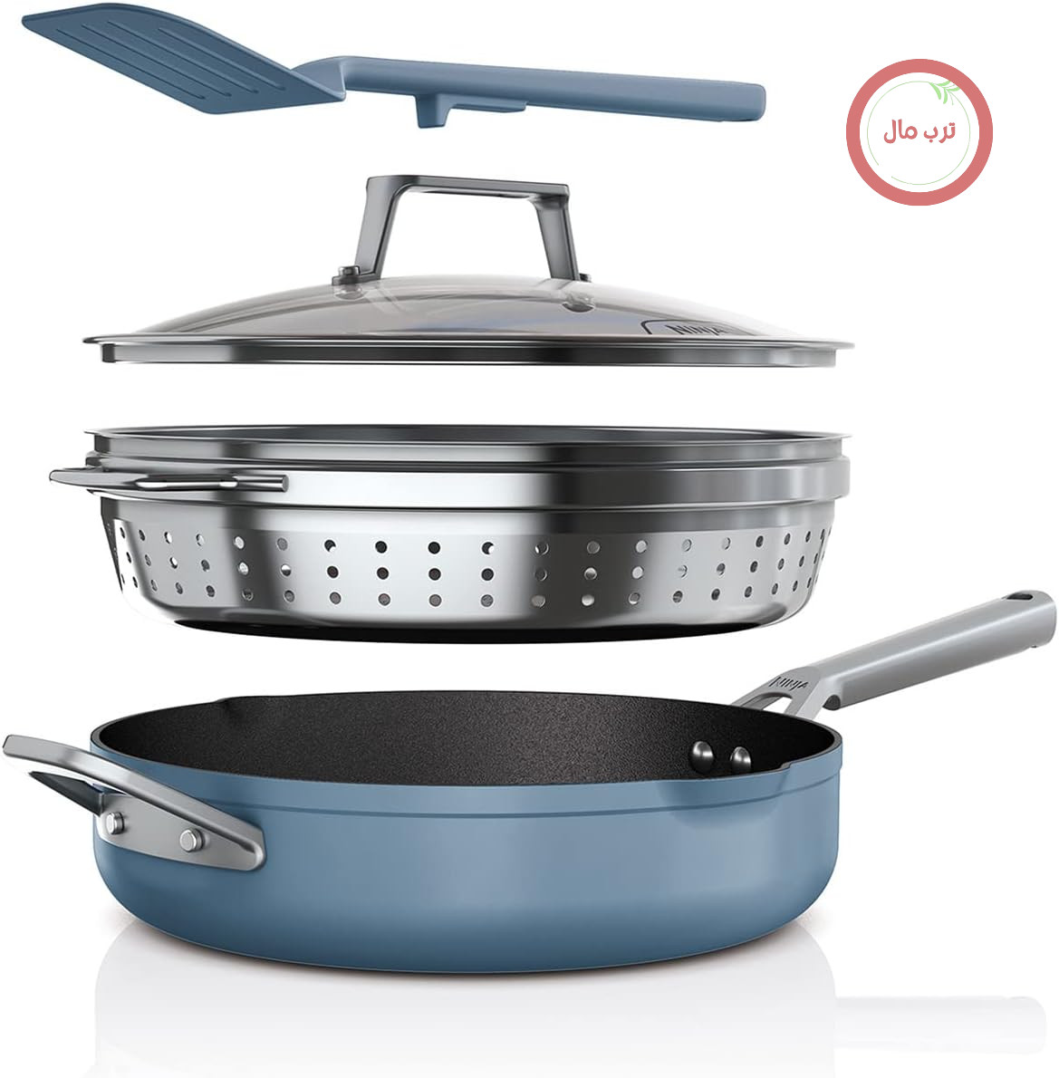 ماهیتابه بخار پز نینجا آمریکا  ۹ کاره Ninja Foodi CW102BLUK با درب شیشه‌ای، بخارپز/الک، کفگیر، درب شیشه‌ای، ۳.۸ لیتر، سازگار با اجاق القایی، قابل استفاده در فر تا دمای ۲۶۰ درجه سانتیگراد، ماکارون آبی، آبی