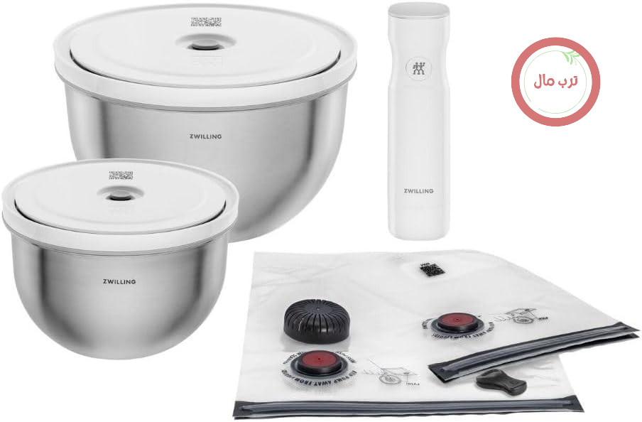 ست ظروف و پمپ وکیوم مواد غذایی زولینگ ZWILLING Fresh & Save، 9 تکه، 2 کاسه استیل ضد زنگ با 2 درب خلاء (18، 24 سانتی متر)، 4 کیسه، پمپ