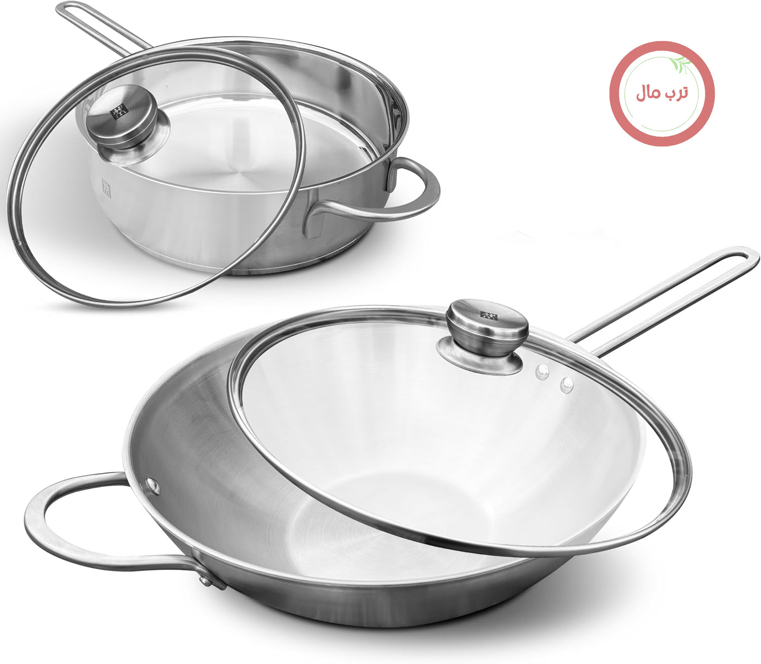 ماهیتابه ووک Zwilling TwinNova3، 30 سانتی‌متر + تابه سرخ کردنی 24 سانتی‌متر، با 2 درب شیشه‌ای، مجموعه 4 تکه، وک + تابه سرخ کردنی، بدون روکش، قابل شستشو در ماشین ظرفشویی، دسته ضد لغزش، مناسب برای انواع اجاق گاز، نقره‌ای