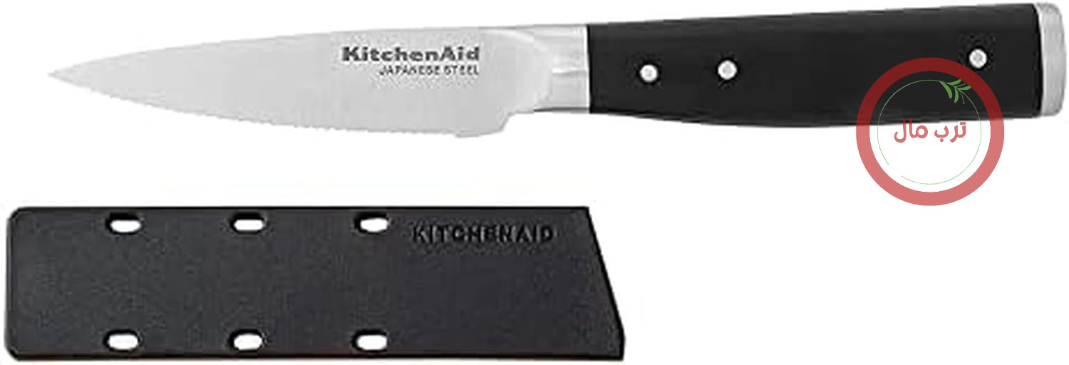 چاقوی پوست‌کنی سه‌پرچ آهنگری شده KitchenAid Gourmet با پوشش تیغه دقیق، 8.9 سانتی‌متر، چاقوی آشپزخانه تیز، تیغه فولاد ضد زنگ ژاپنی با کربن بالا، مشکی