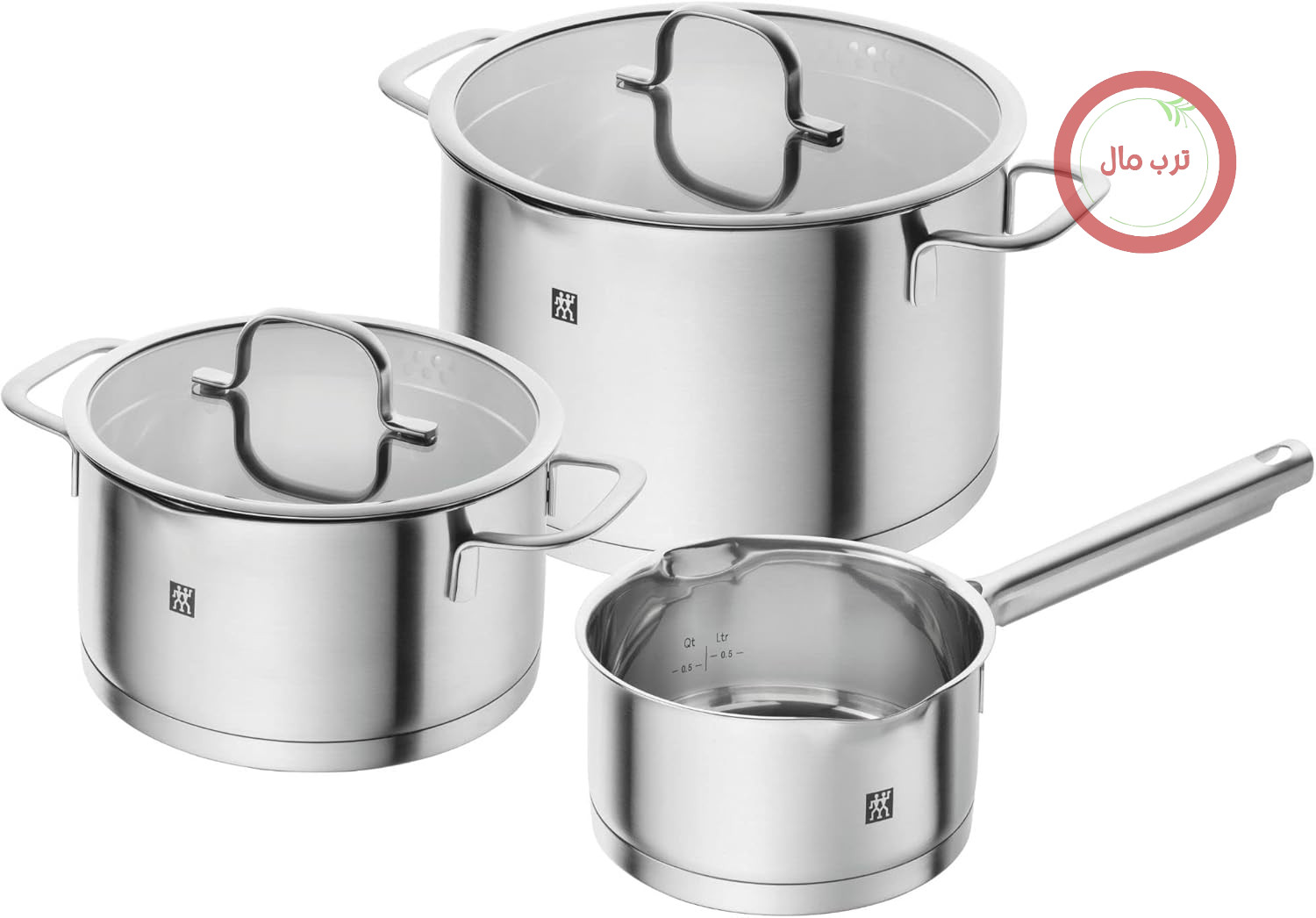 سرویس قابلمه سه تکه ZWILLING TrueFlow با درب شیشه‌ای، مناسب برای اجاق گازهای القایی، بدون روکش، استیل ضد زنگ، روکش مات، نقره‌ای