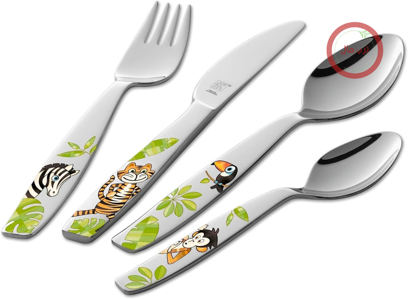 سرویس قاشق و چنگال کودک زولینگ ZWILLING مدل Jungle، 4 تکه، با طرح‌های رنگارنگ جنگل، مناسب برای کودکان 3 سال به بالا، جنس استیل ضد زنگ 18/10، نقره‌ای