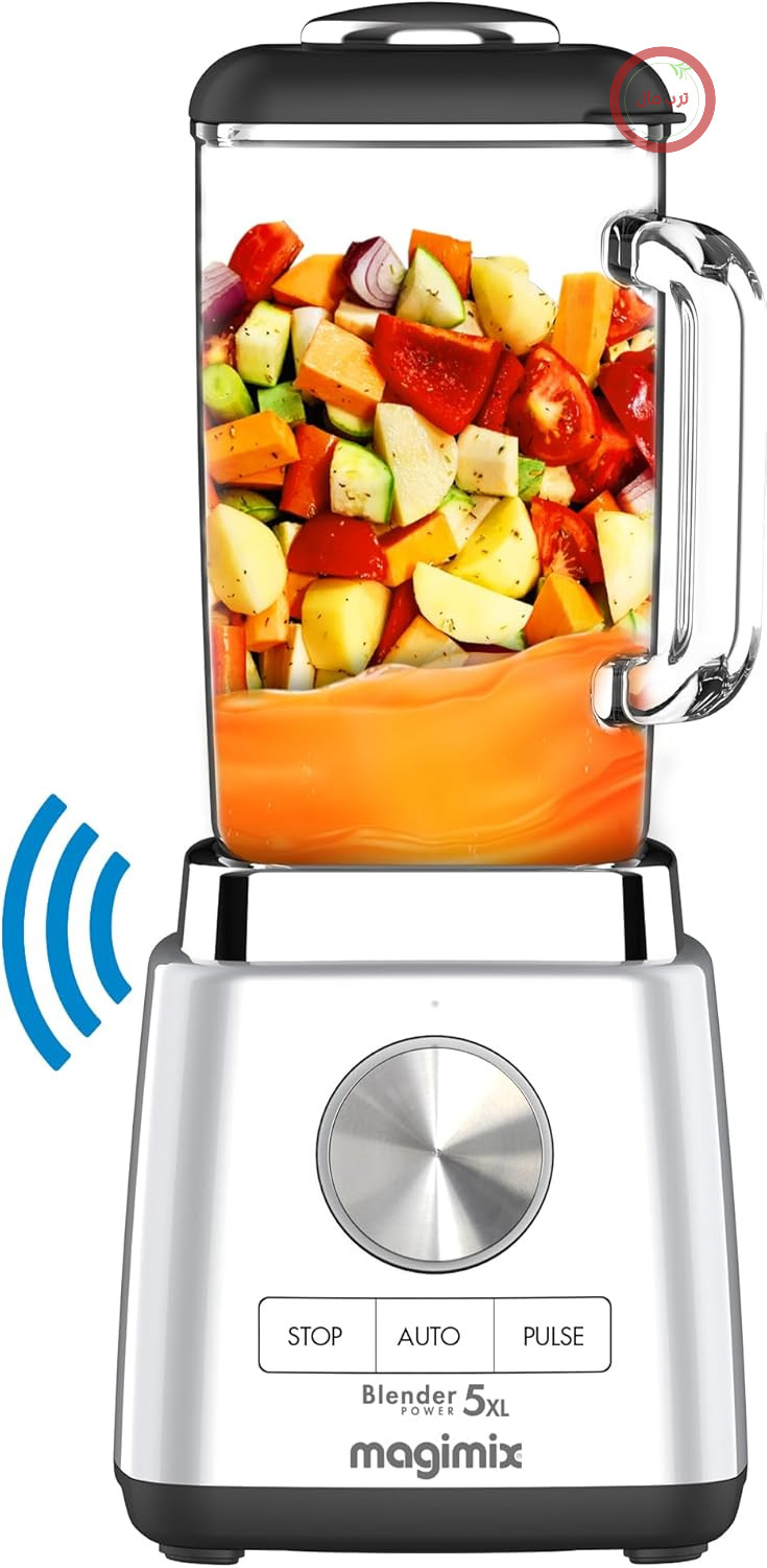 مخلوط کن همزن ایستاده مجیمیکس فرانسه  Magimix Power Professional 5XL Connect - خردکن، همزن ایستاده برای اسموتی، مخلوط کن سوپ، خردکن چند منظوره - کاسه شیشه ای - کروم