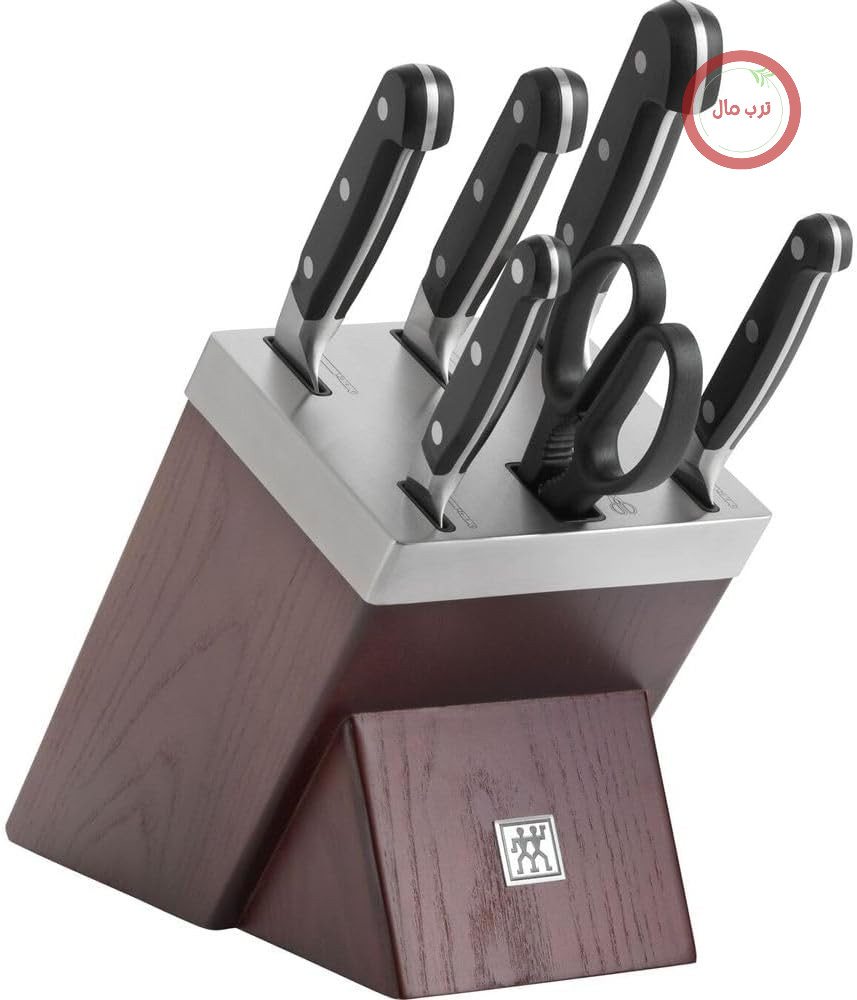 بلوک چاقوی خود تیزکن زولینگ ZWILLING Pro، 7 تکه، خاکستر، چاقو و قیچی ساخته شده از استیل ضد زنگ مخصوص، طرح 3 پرچ، قهوه ای