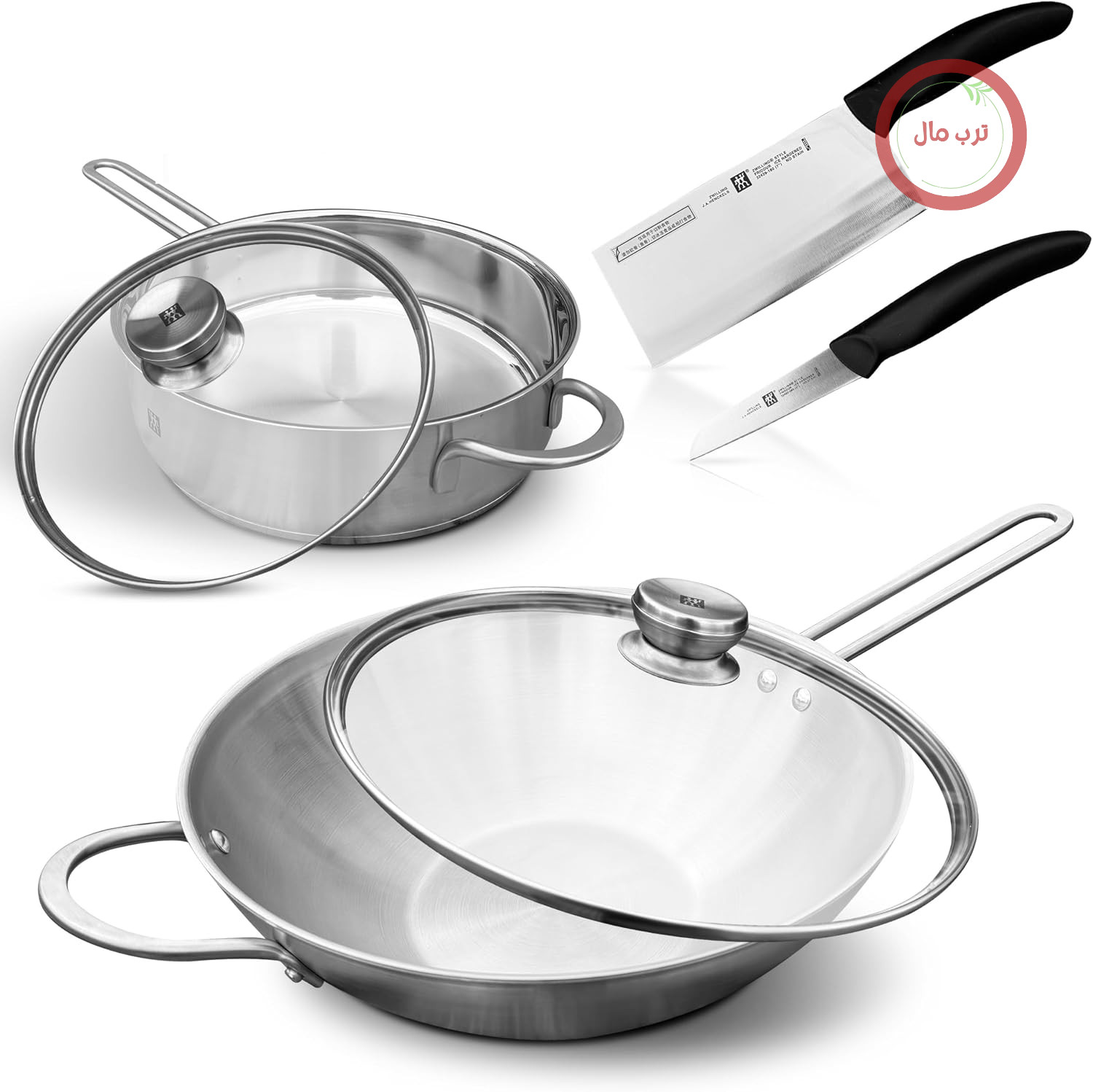 ماهیتابه وک Zwilling TwinNova3، 30 سانتی‌متر + ماهیتابه سرخ کردنی 24 سانتی‌متر + 2 درب شیشه‌ای + 2 چاقوی آشپزخانه، مجموعه 6 تکه، ماهیتابه و ماهیتابه سرخ کردنی، بدون روکش، قابل شستشو در ماشین ظرفشویی، دسته ضد لغزش، مناسب برای انواع اجاق گاز، نقره‌ای