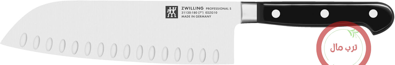 چاقوی سانتوکوی حرفه‌ای زولینگ ZWILLING، طول تیغه: ۱۸ سانتی‌متر، تیغه بزرگ، دسته استیل ضد زنگ/پلاستیکی با پرچ، مشکی [ساخت آلمان]