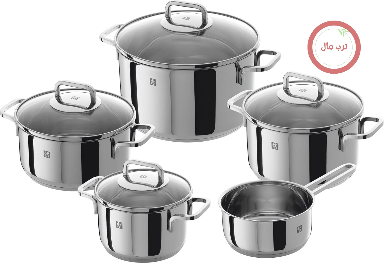 سرویس قابلمه 5 تکه ZWILLING Quadro با درب شیشه‌ای، مناسب برای اجاق گازهای القایی، بدون پوشش، استیل ضد زنگ، نقره‌ای