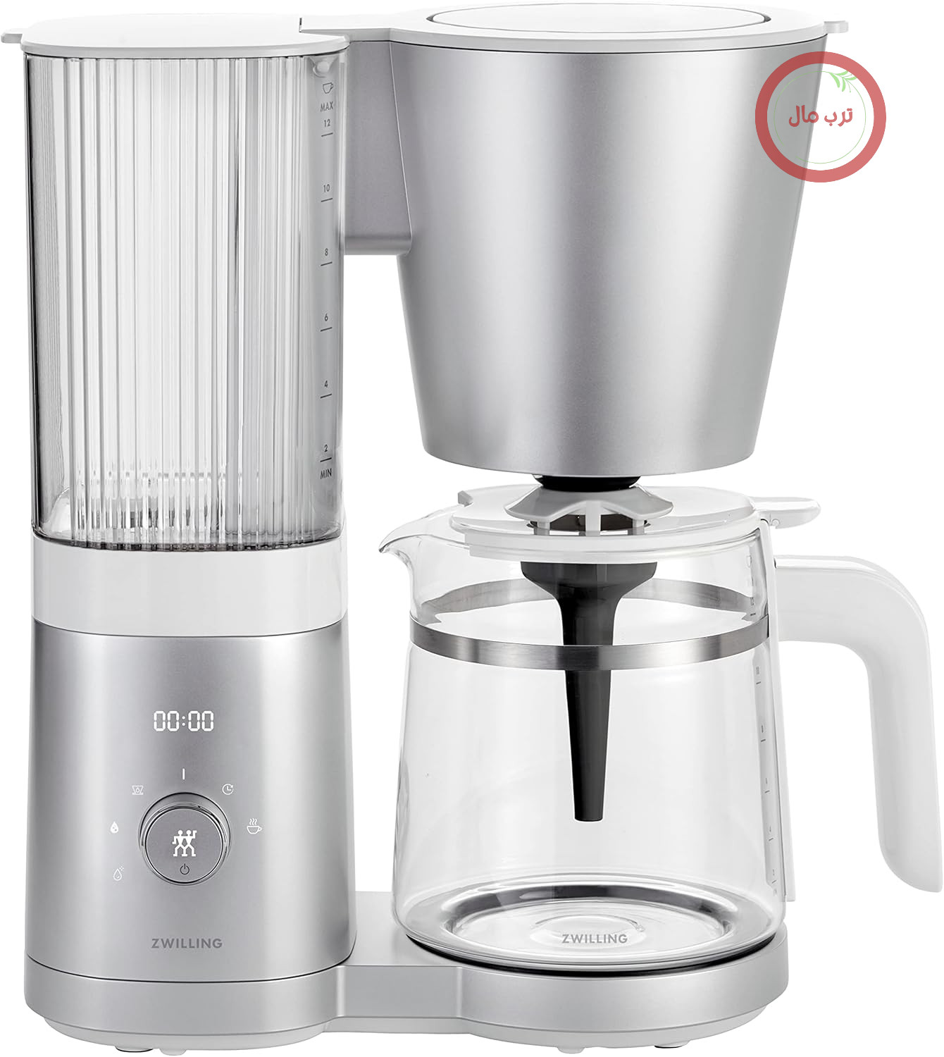دستگاه قهوه ساز فیلتردار زولینگ ZWILLING ENFINIGY با قوری شیشه‌ای ۱.۵ لیتری، بویلر از جنس استیل ضد زنگ، قابلیت شکوفه‌دهی، رسوب‌زدایی، پلاستیک، نقره‌ای